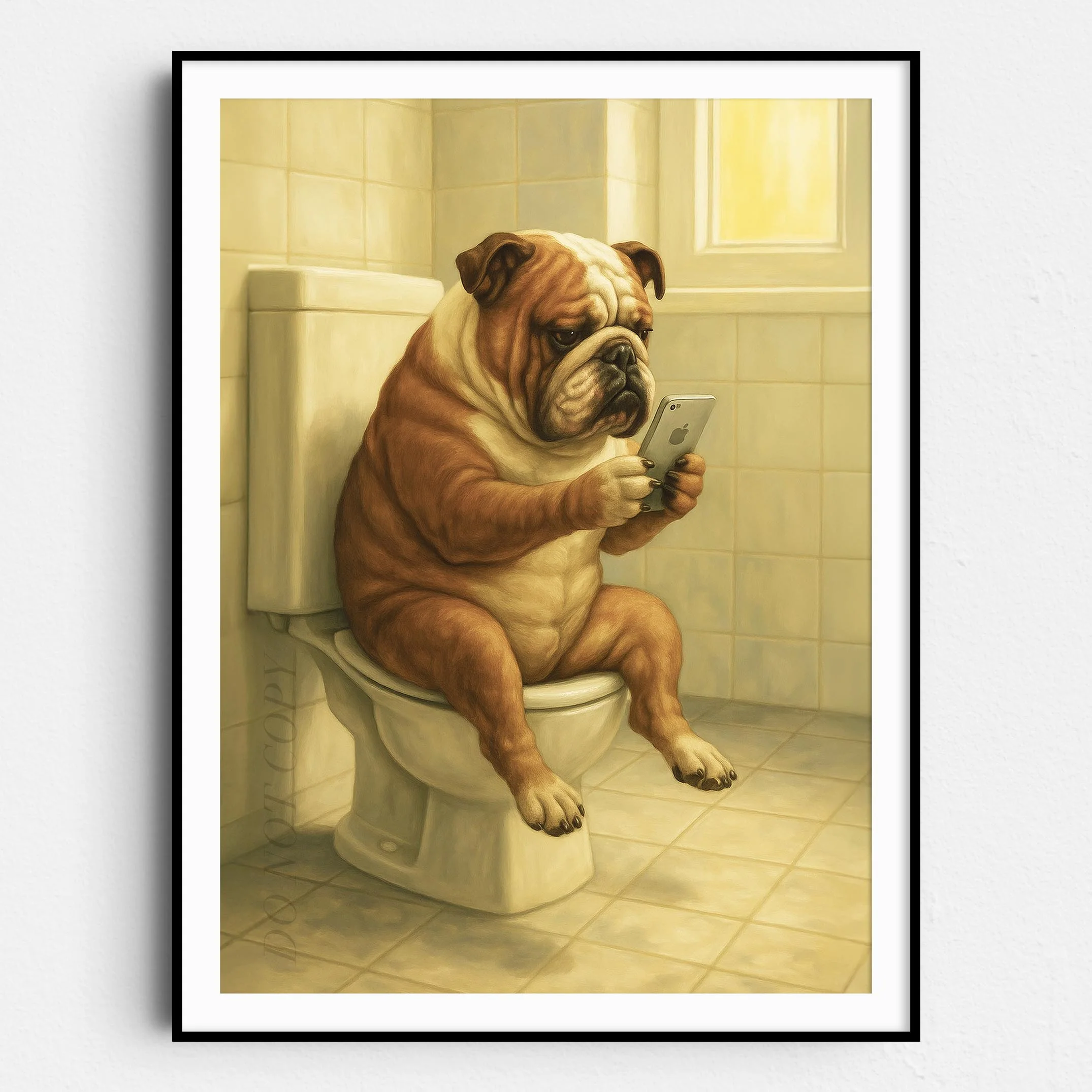 Bulldog On The Phone On The Toilet