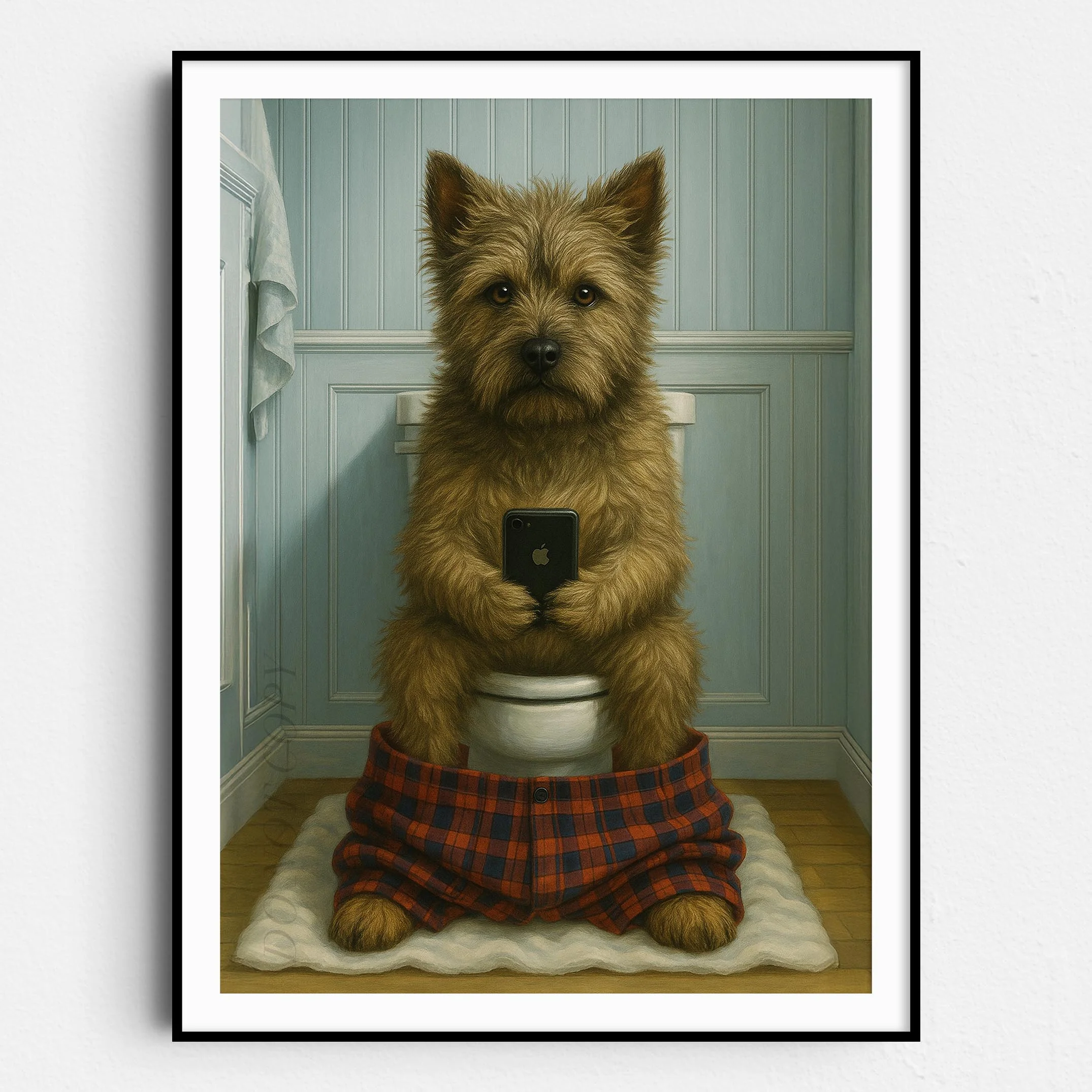 Cairn Terrier Dog On The Phone On The Toilet