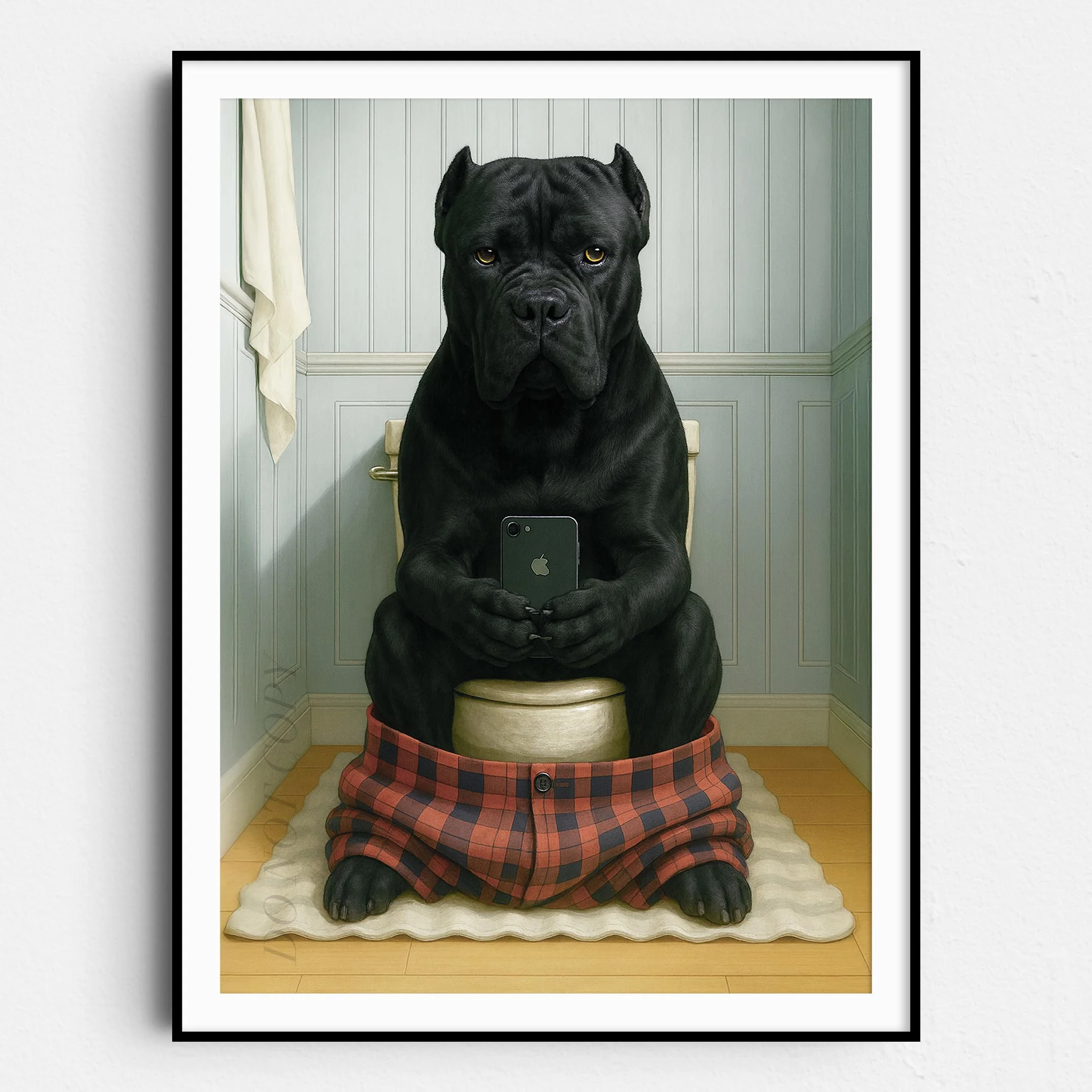 Cane Corso Dog On The Phone On The Toilet