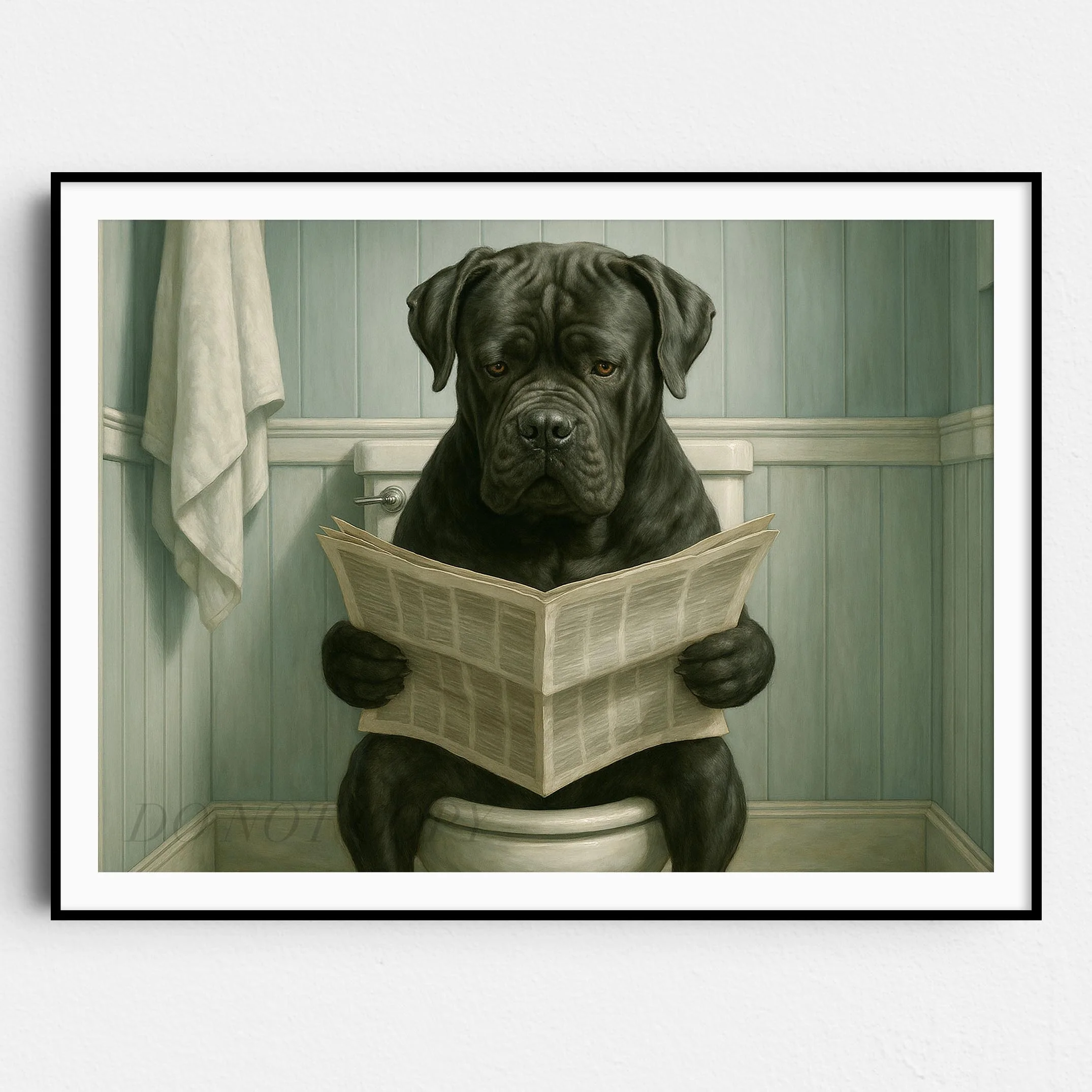 Cane Corso Dog Reading The Newspaper On The Toilet