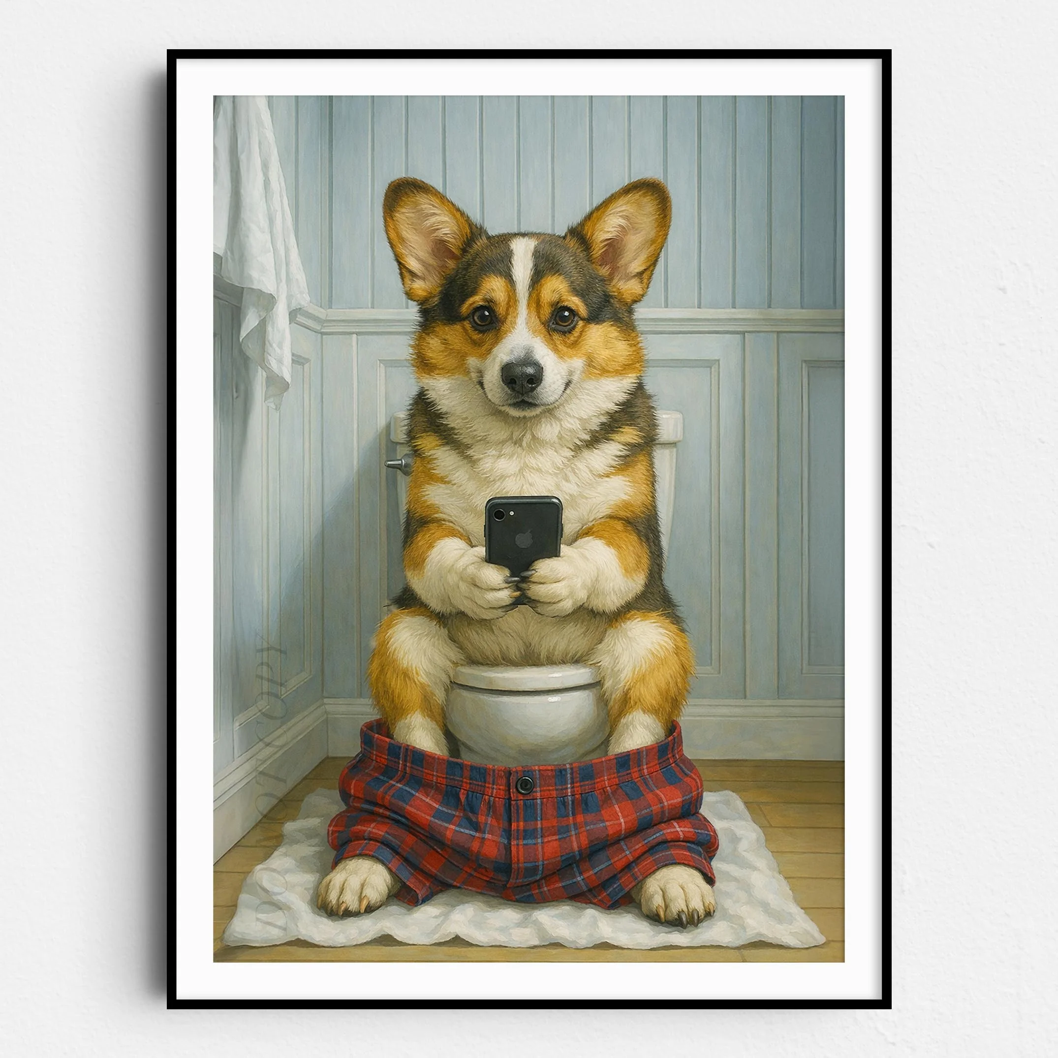Cardigan Welsh Corgi Dog On The Phone On The Toilet