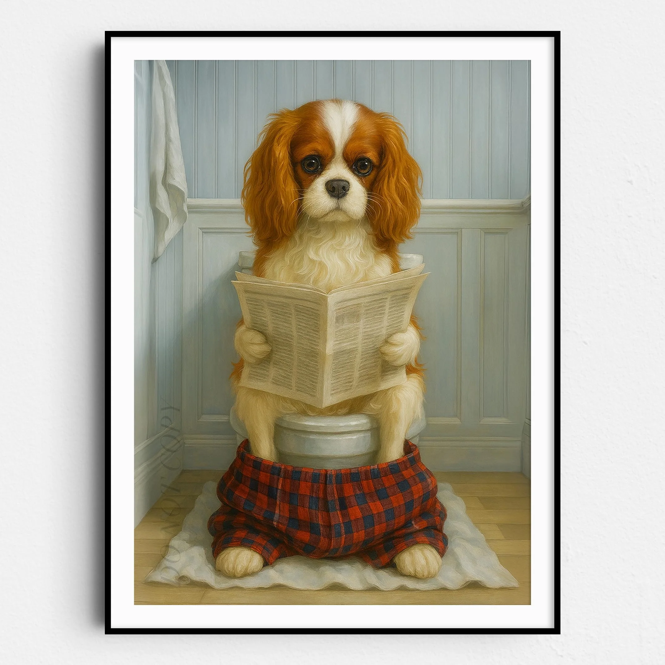 Cavalier King Charles Dog Reading The Newspaper On The Toilet