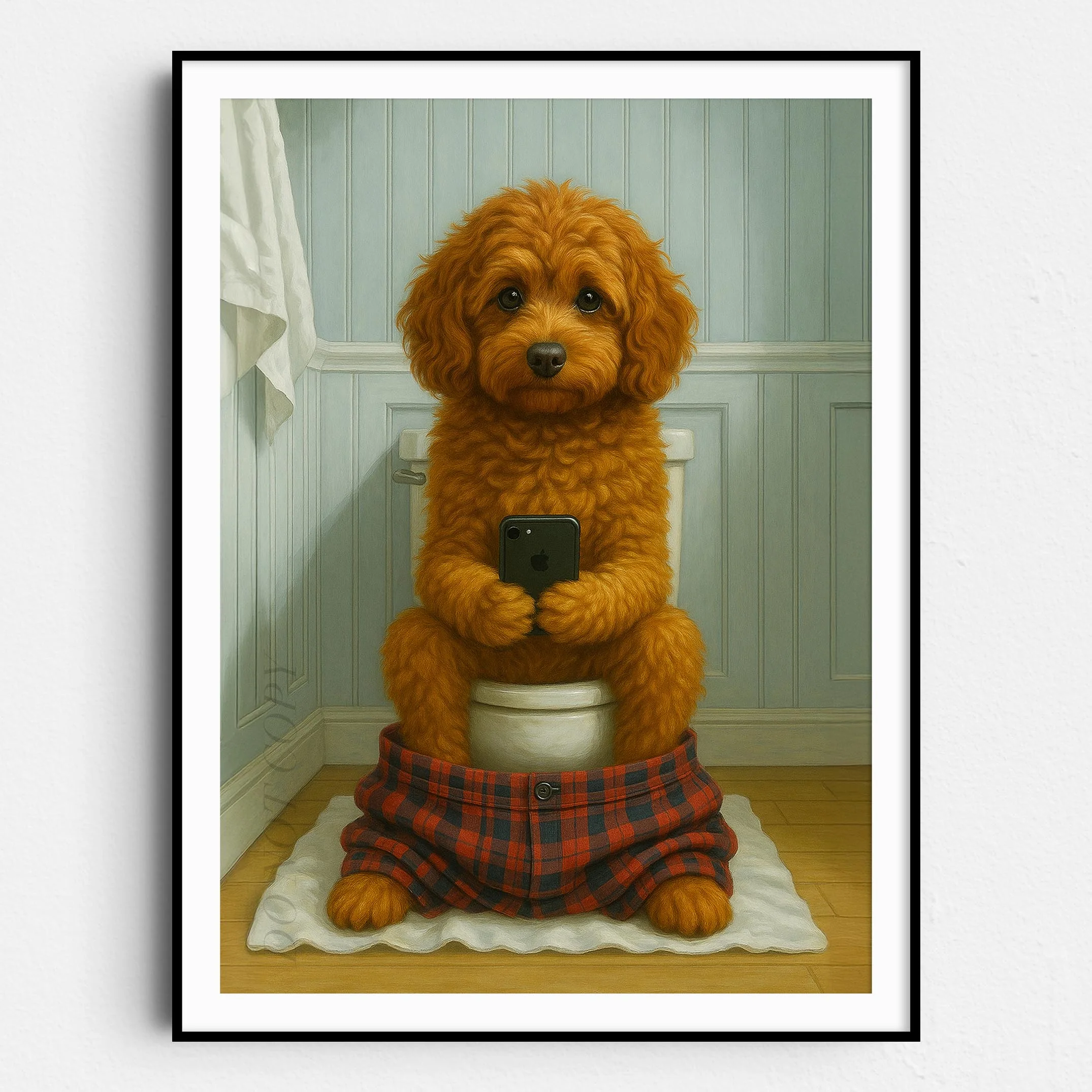 Cavapoo Dog On The Phone On The Toilet