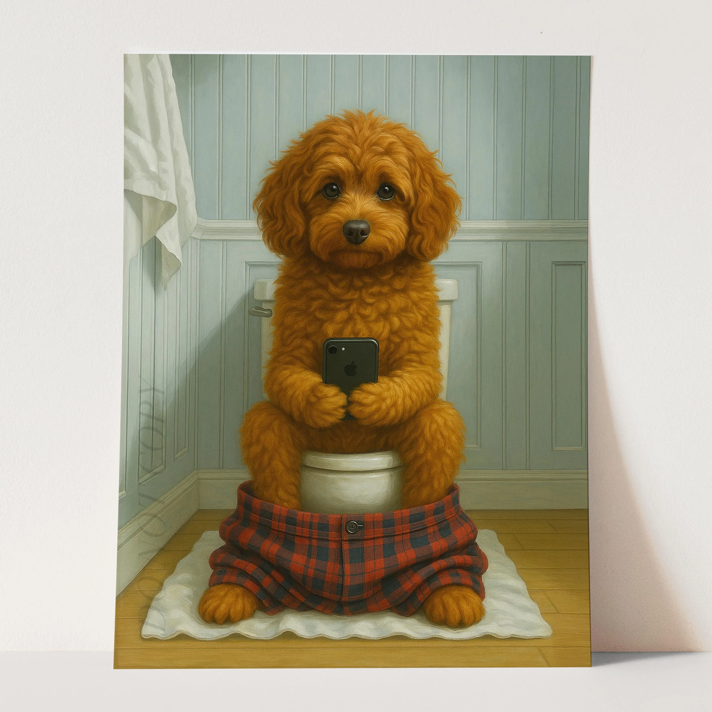 Cavapoo Dog On The Phone On The Toilet - Image 3