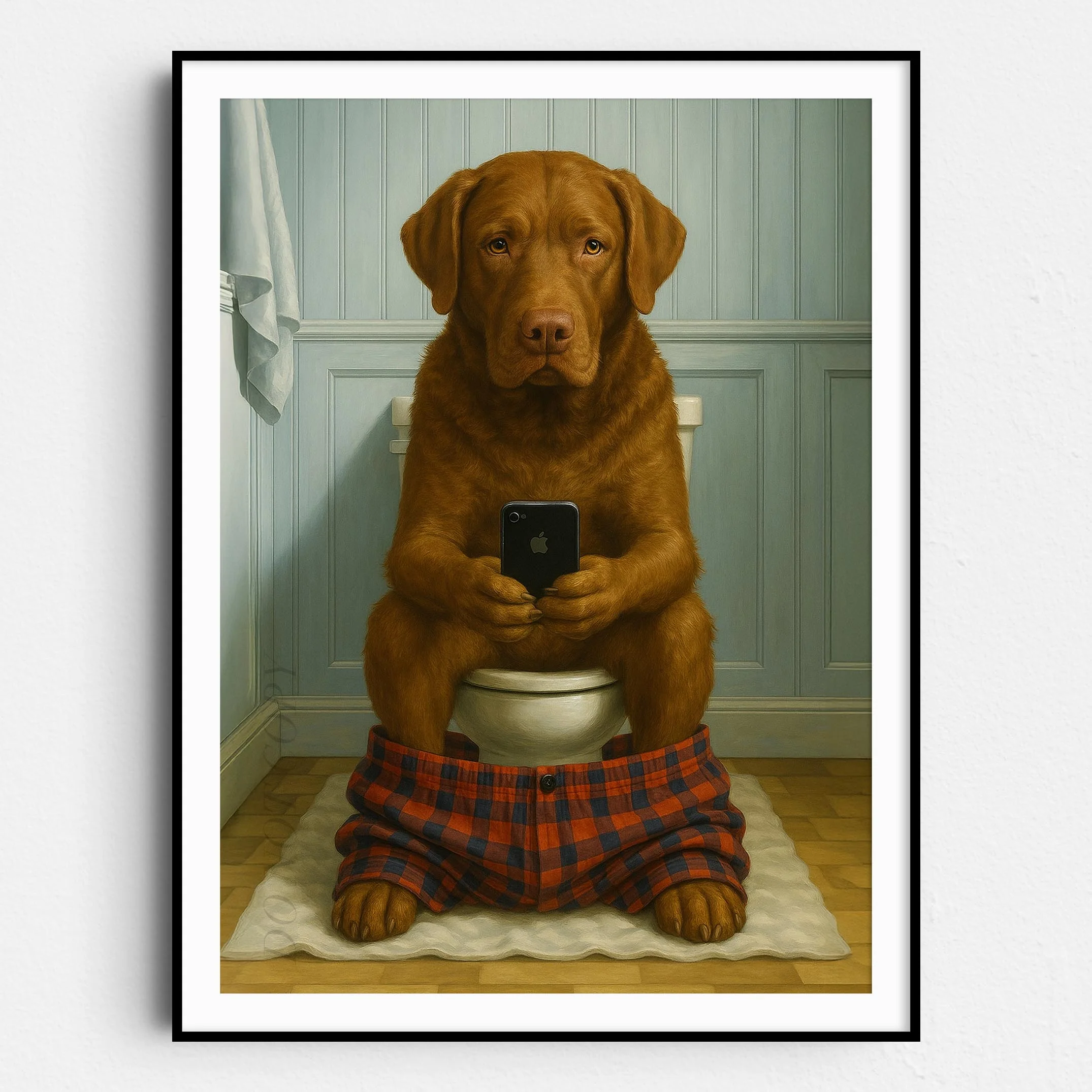 Chesapeake Bay Retriever Dog On The Phone On The Toilet