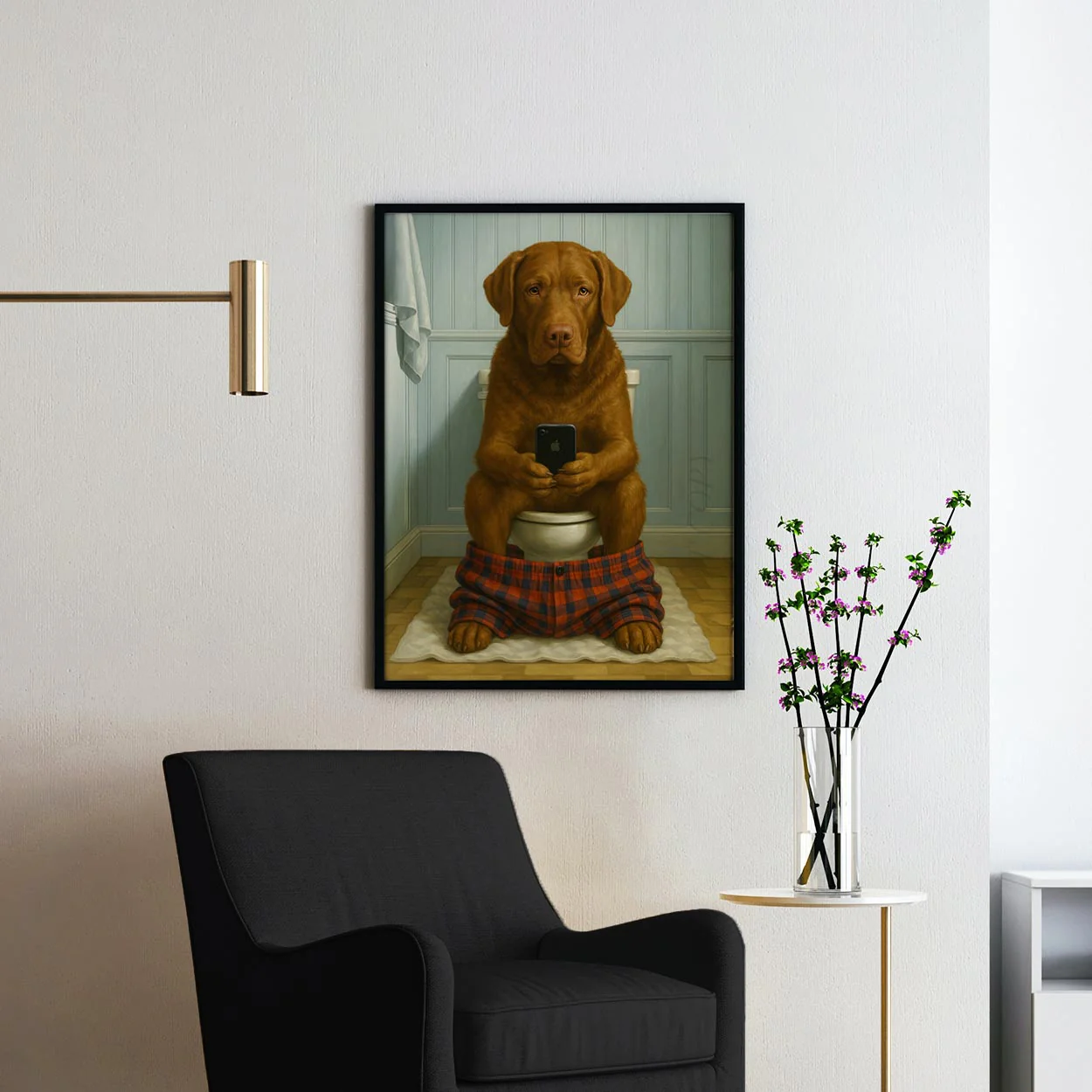 Chesapeake Bay Retriever Dog On The Phone On The Toilet - Image 2