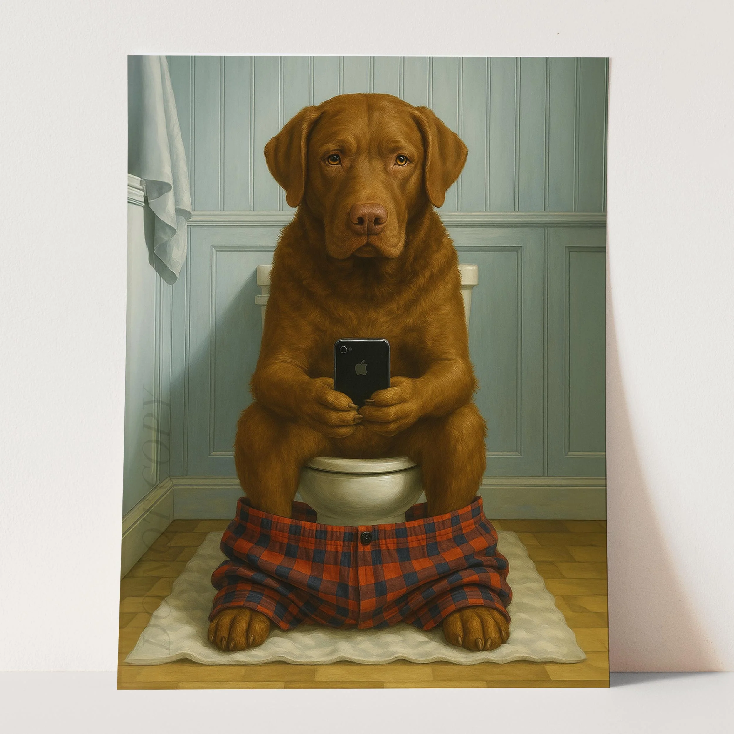 Chesapeake Bay Retriever Dog On The Phone On The Toilet - Image 3