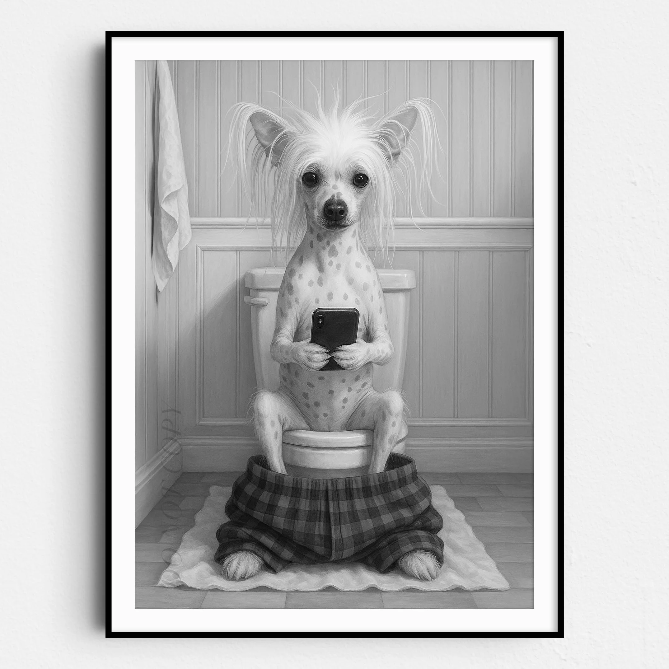 Chinese Crested Dog On The Phone On The Toilet