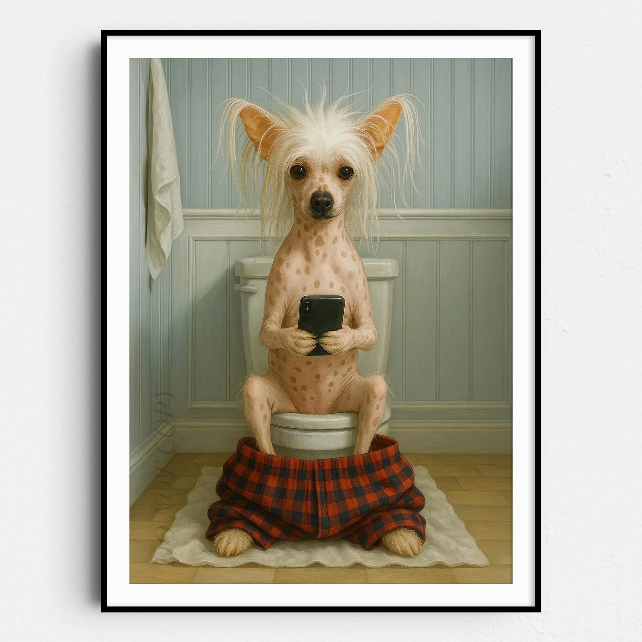 Chinese Crested Dog On The Phone On The Toilet