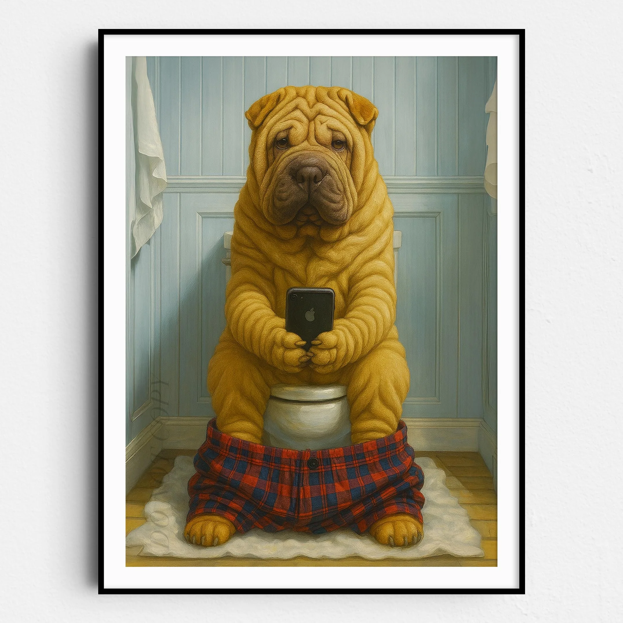 Chinese Shar-Pei Dog On The Phone On The Toilet