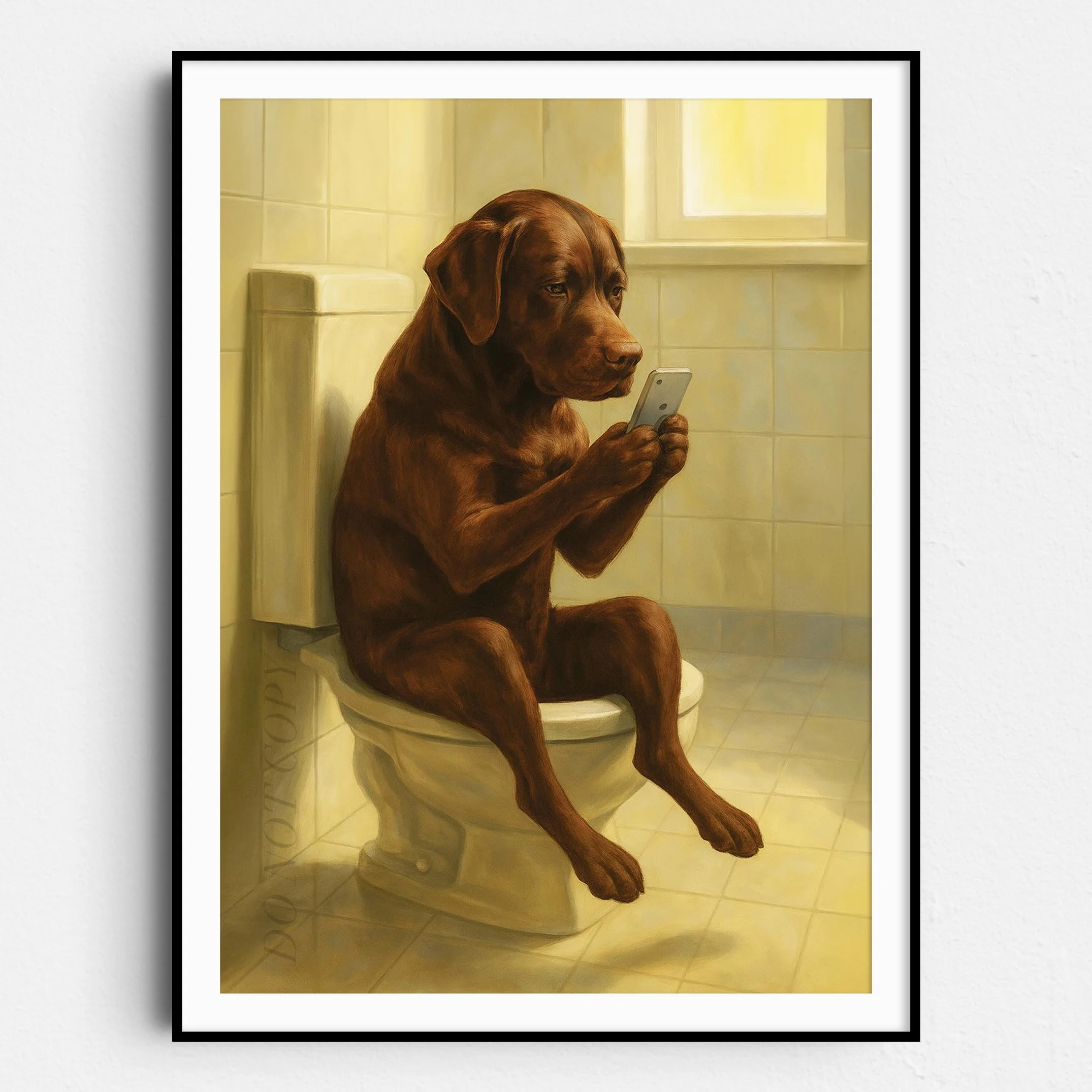 Chocolate Lab Dog On The Phone On The Toilet