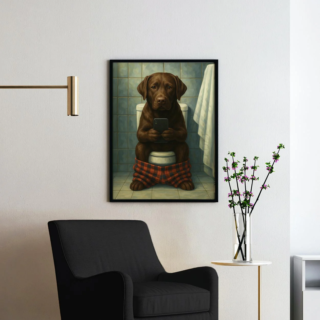 Chocolate Labrador Retriever Dog On The Phone On The Toilet - Image 2
