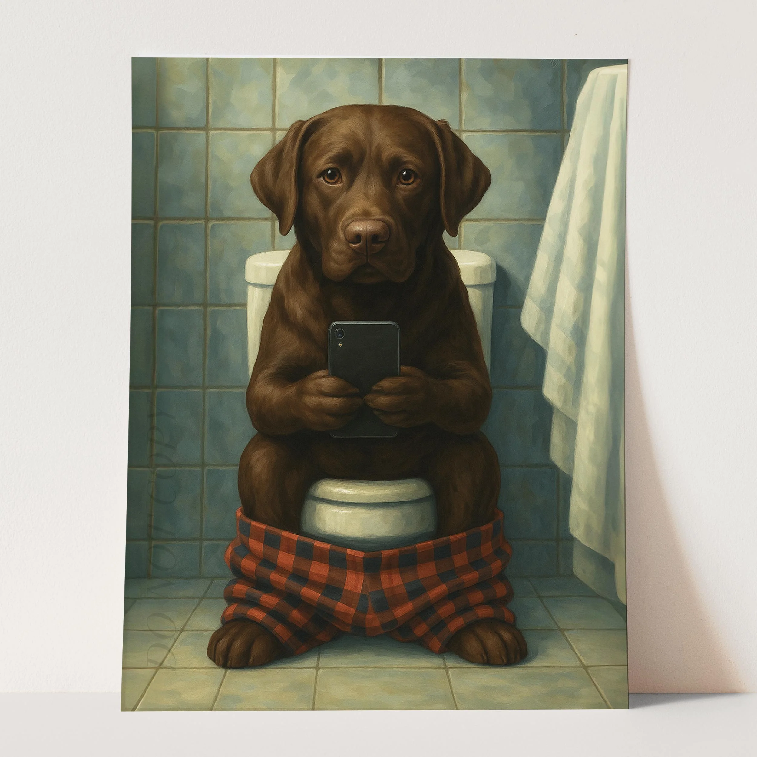 Chocolate Labrador Retriever Dog On The Phone On The Toilet - Image 3