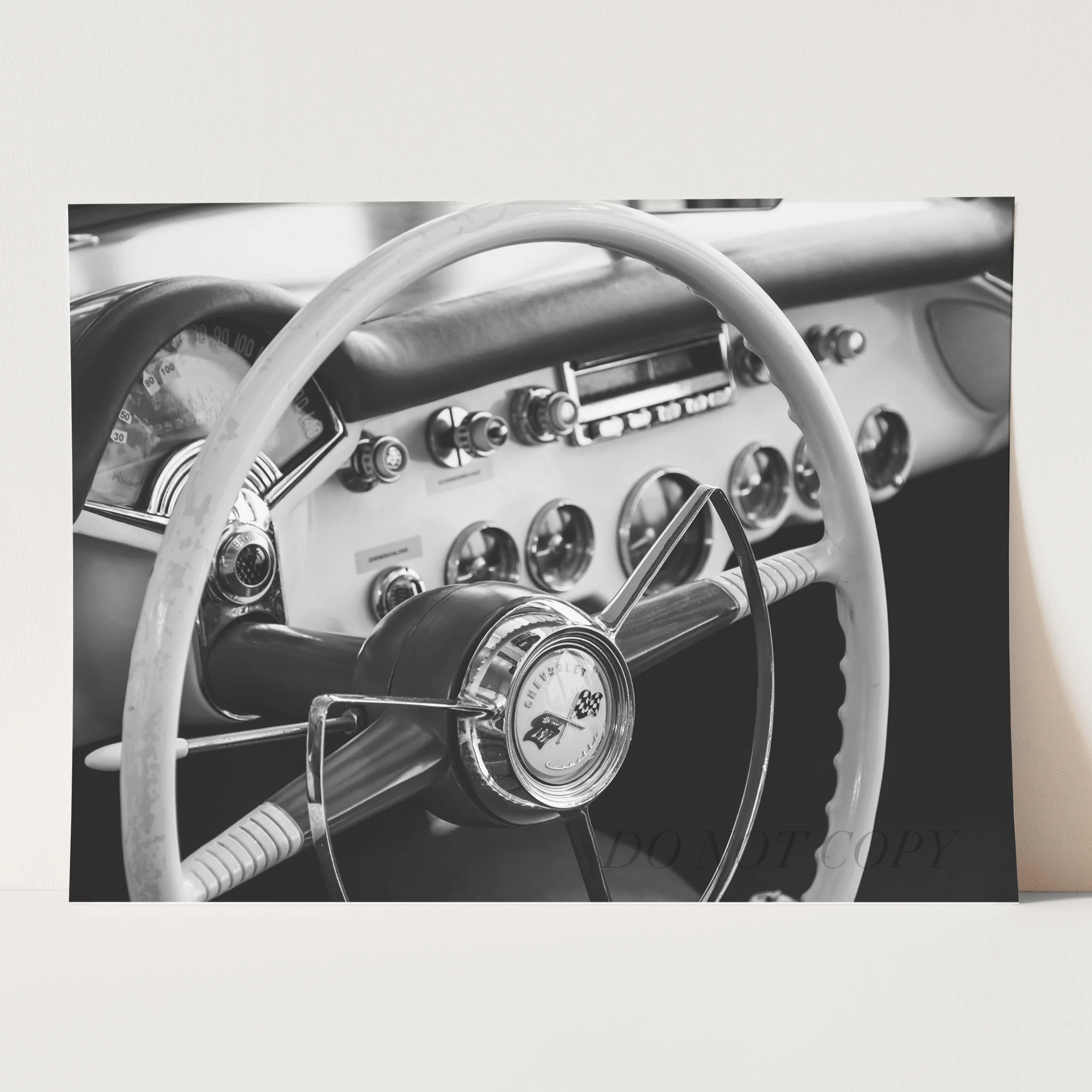 Classic Chevrolet Corvette Interior Dashboard in Black & White - Image 3