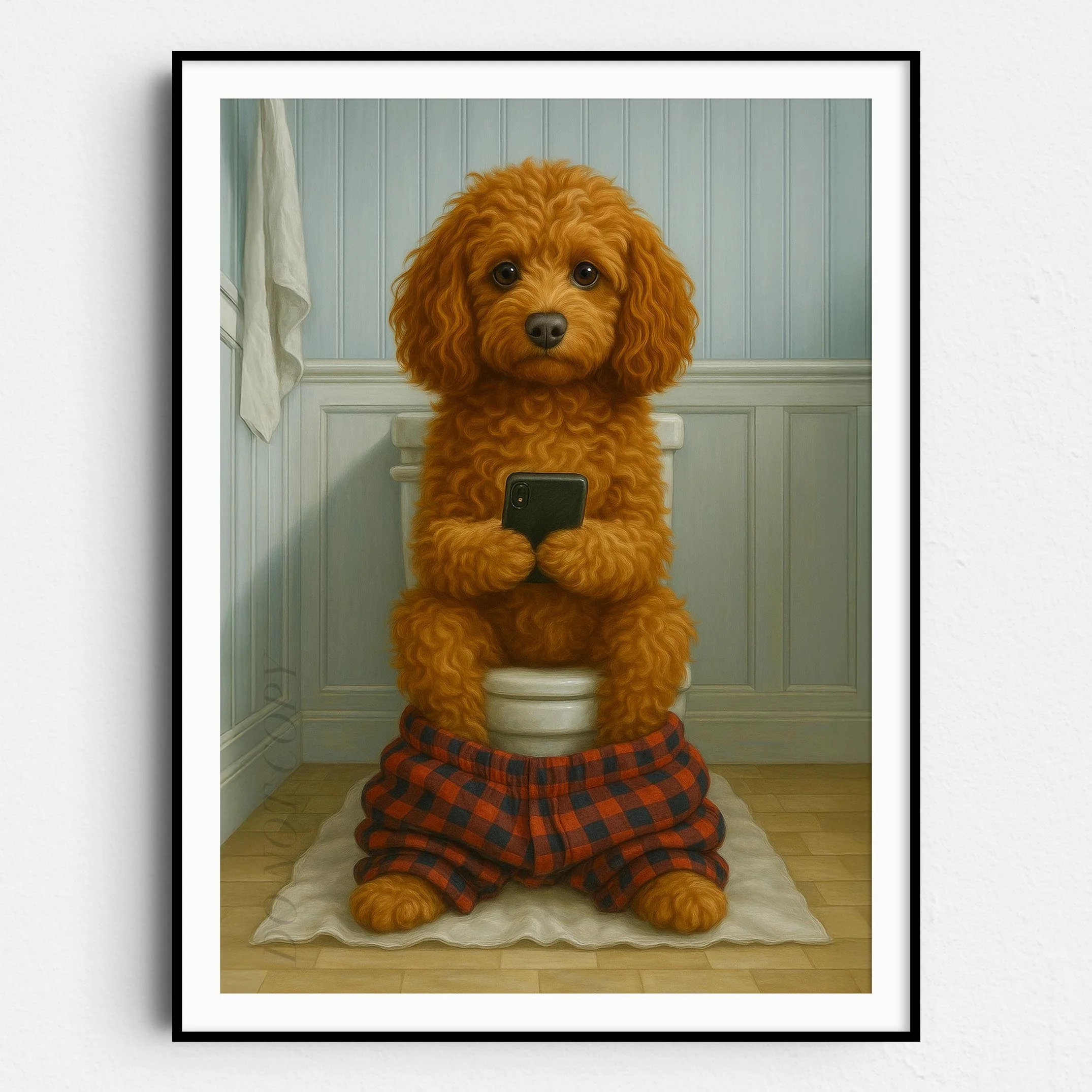 Cockapoo Dog On The Phone On The Toilet