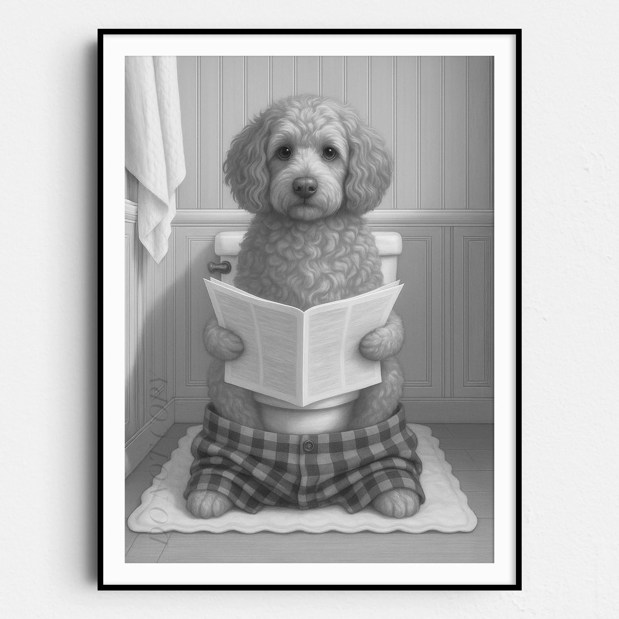 Cockapoo Dog Reading The Newspaper On The Toilet