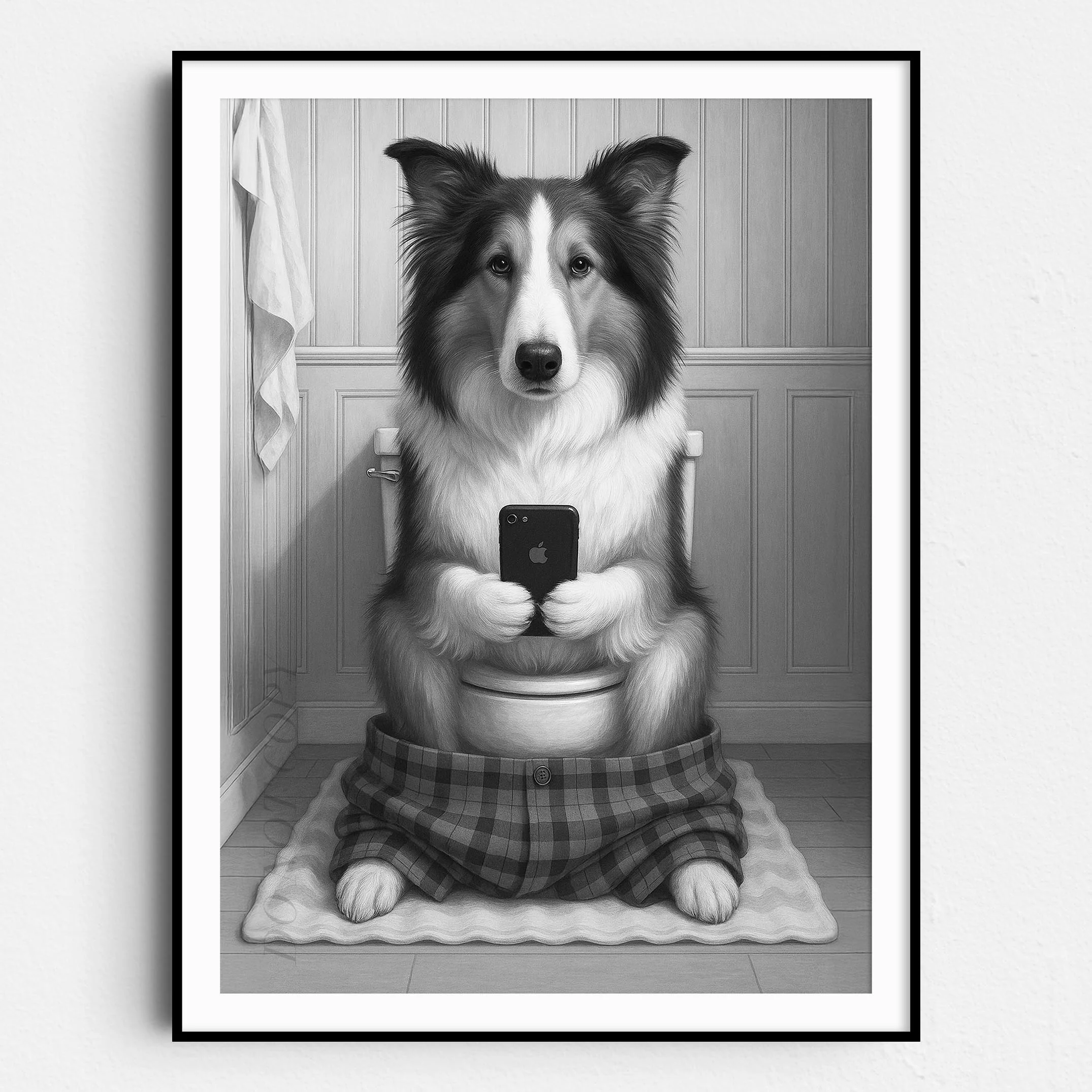 Collie Dog On The Phone On The Toilet
