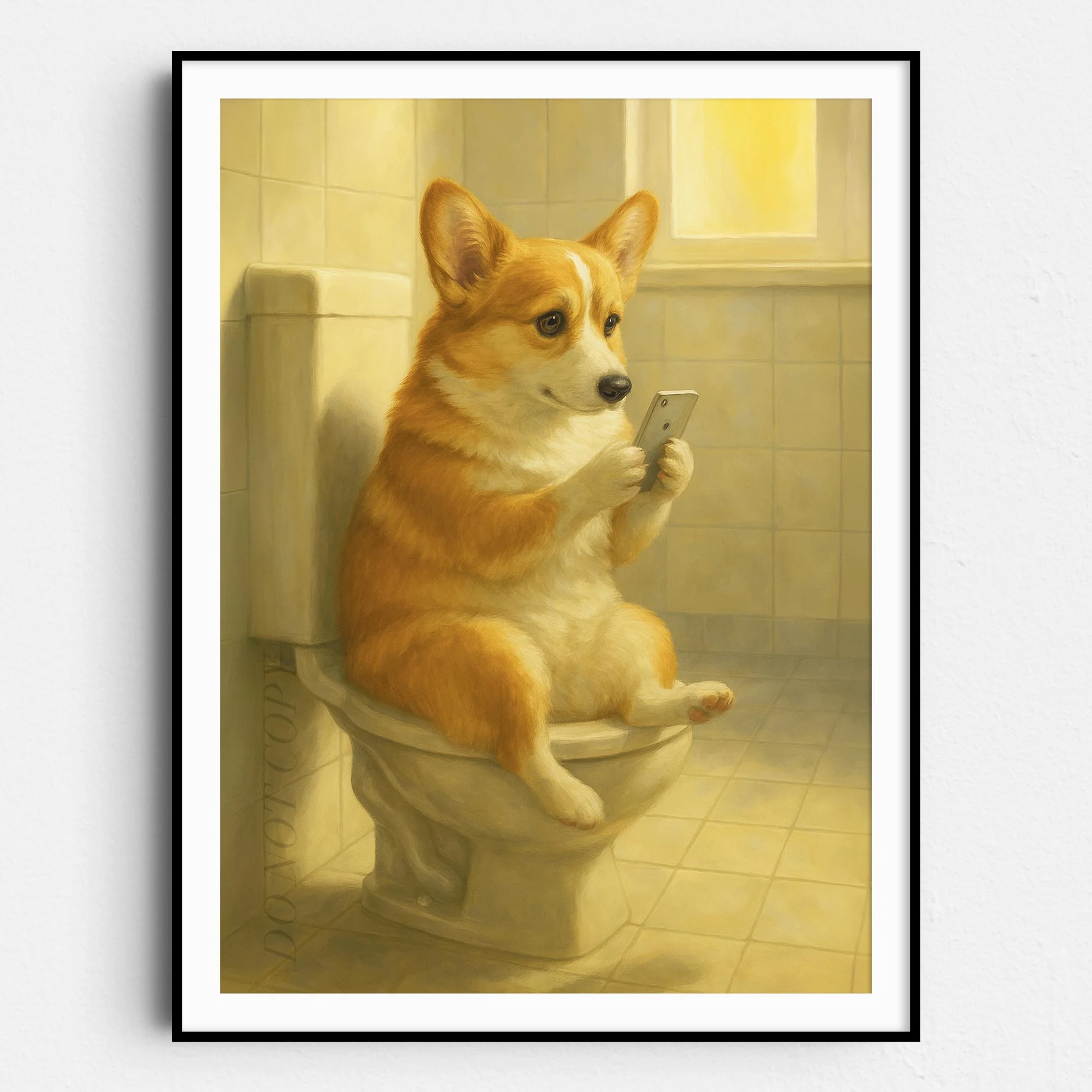 Corgi Dog On The Phone On The Toilet