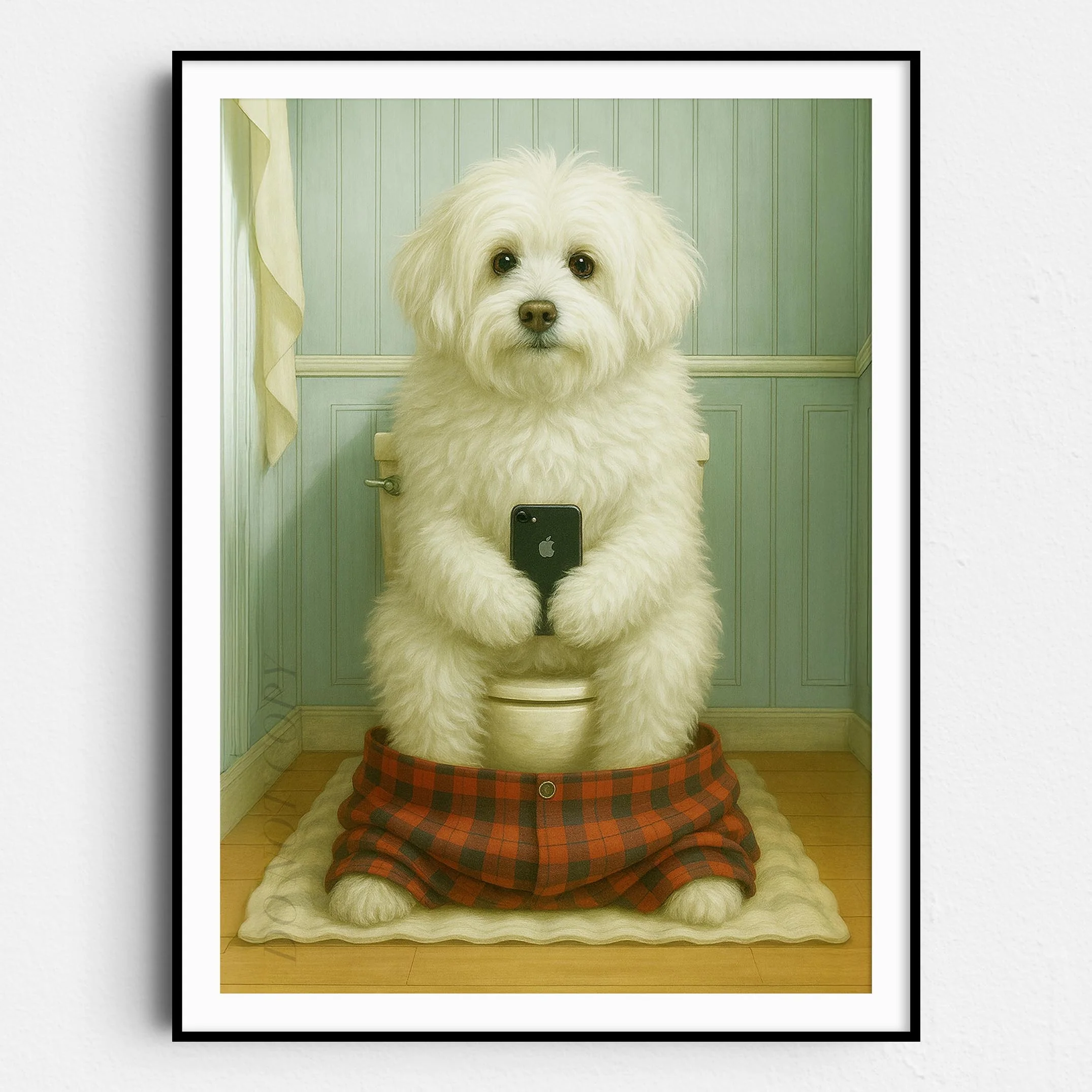 Coton de Tulear Dog On The Phone On The Toilet