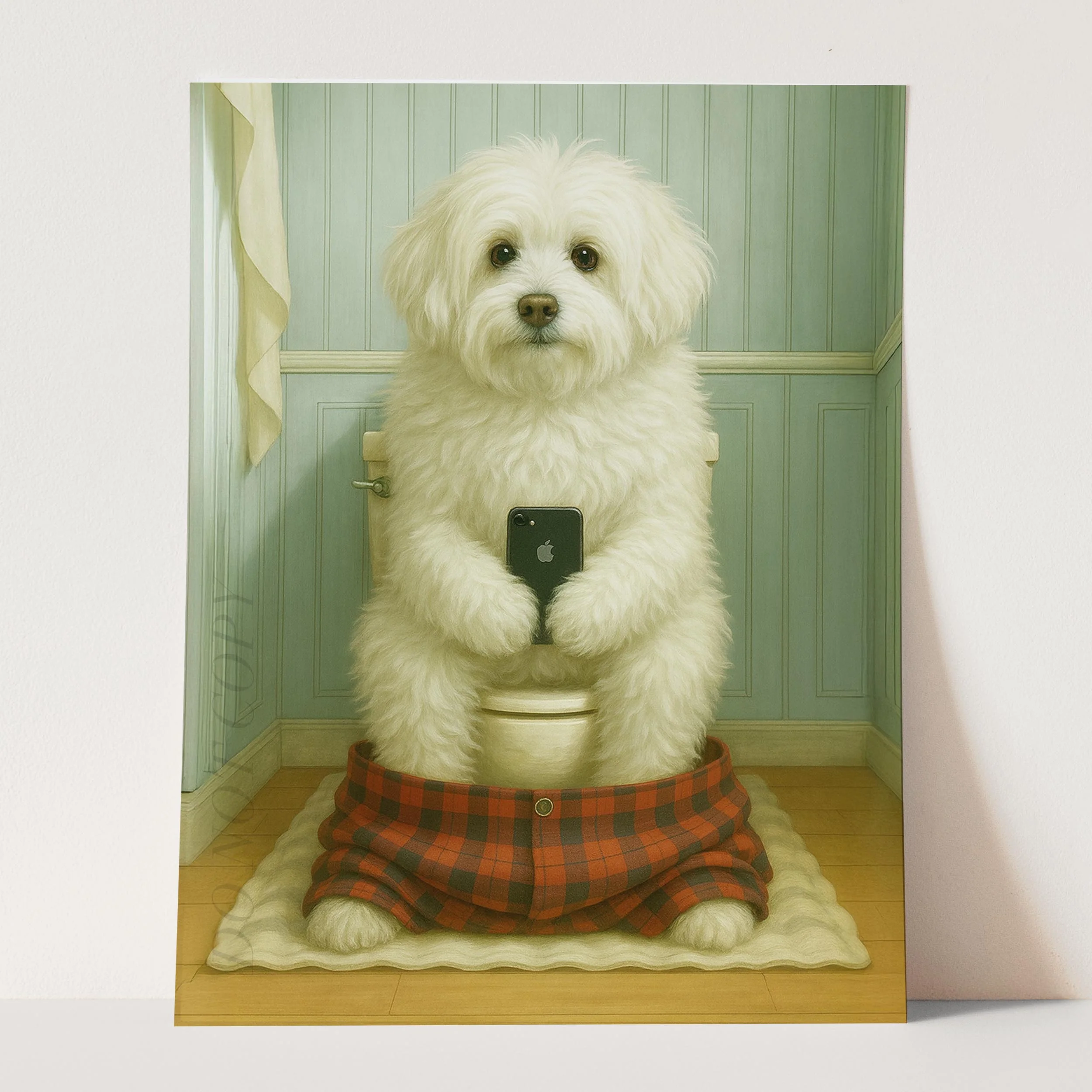 Coton de Tulear Dog On The Phone On The Toilet - Image 3
