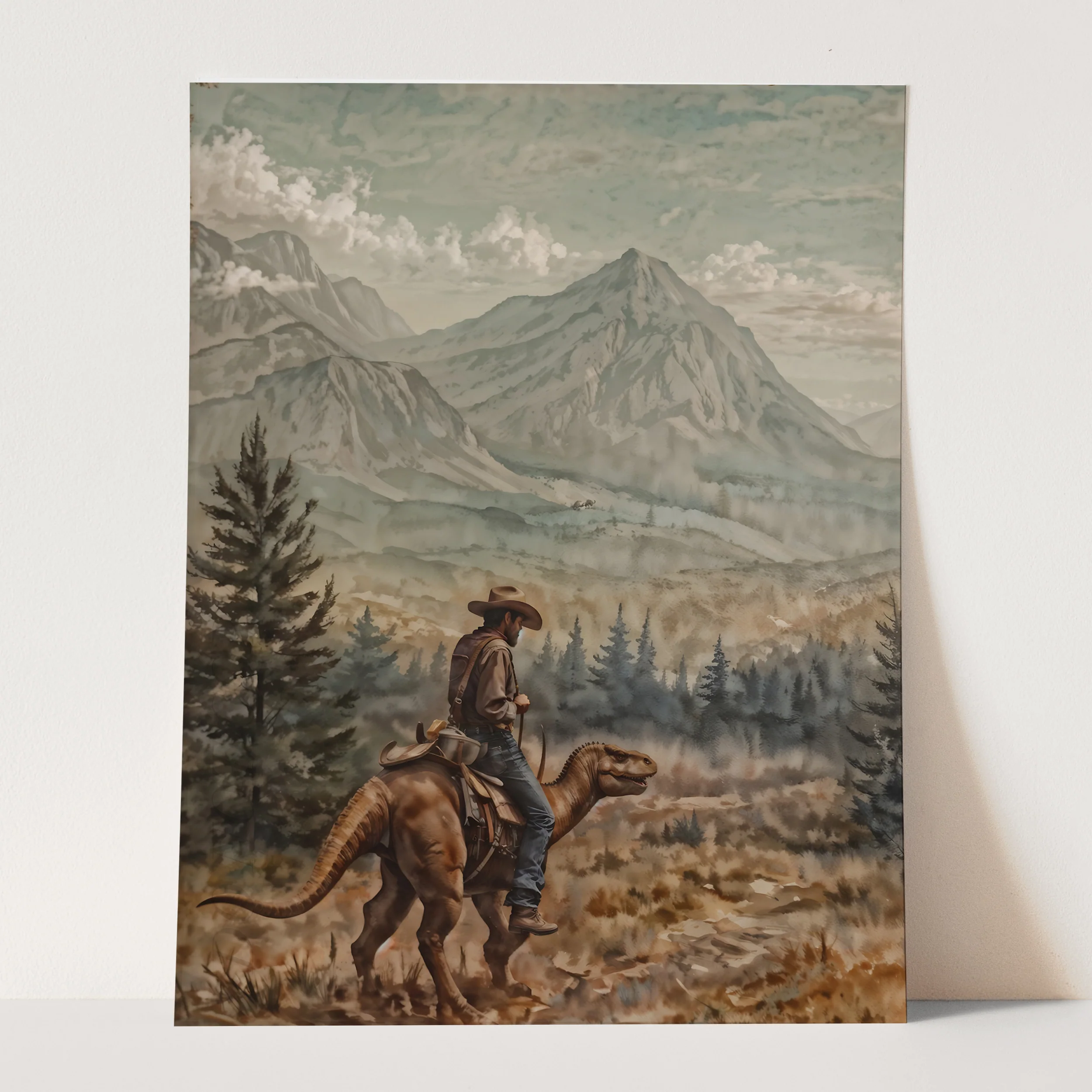 Cowboy on Dinosaur In Mountains - Image 3