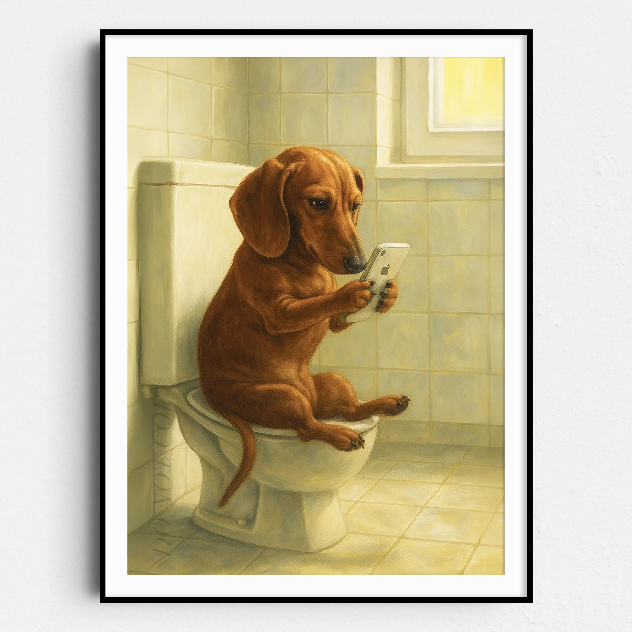 Dachshund Dog On The Phone On The Toilet