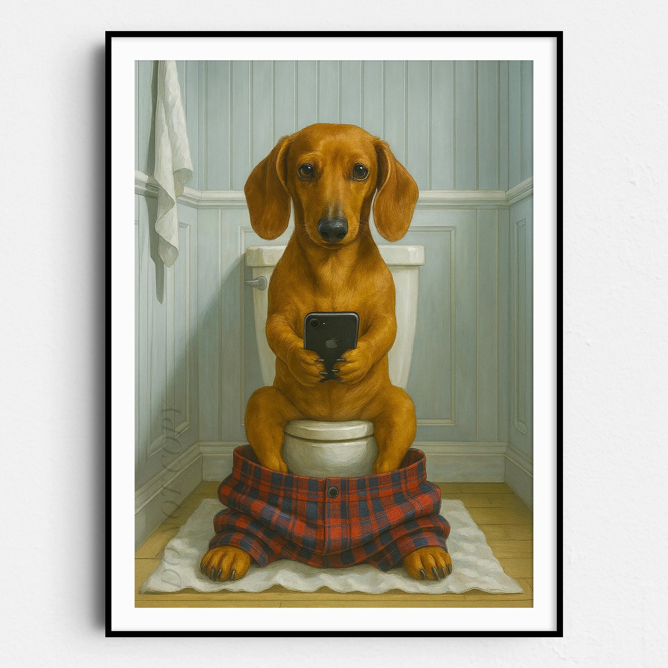 Dachshund Dog On The Phone On The Toilet