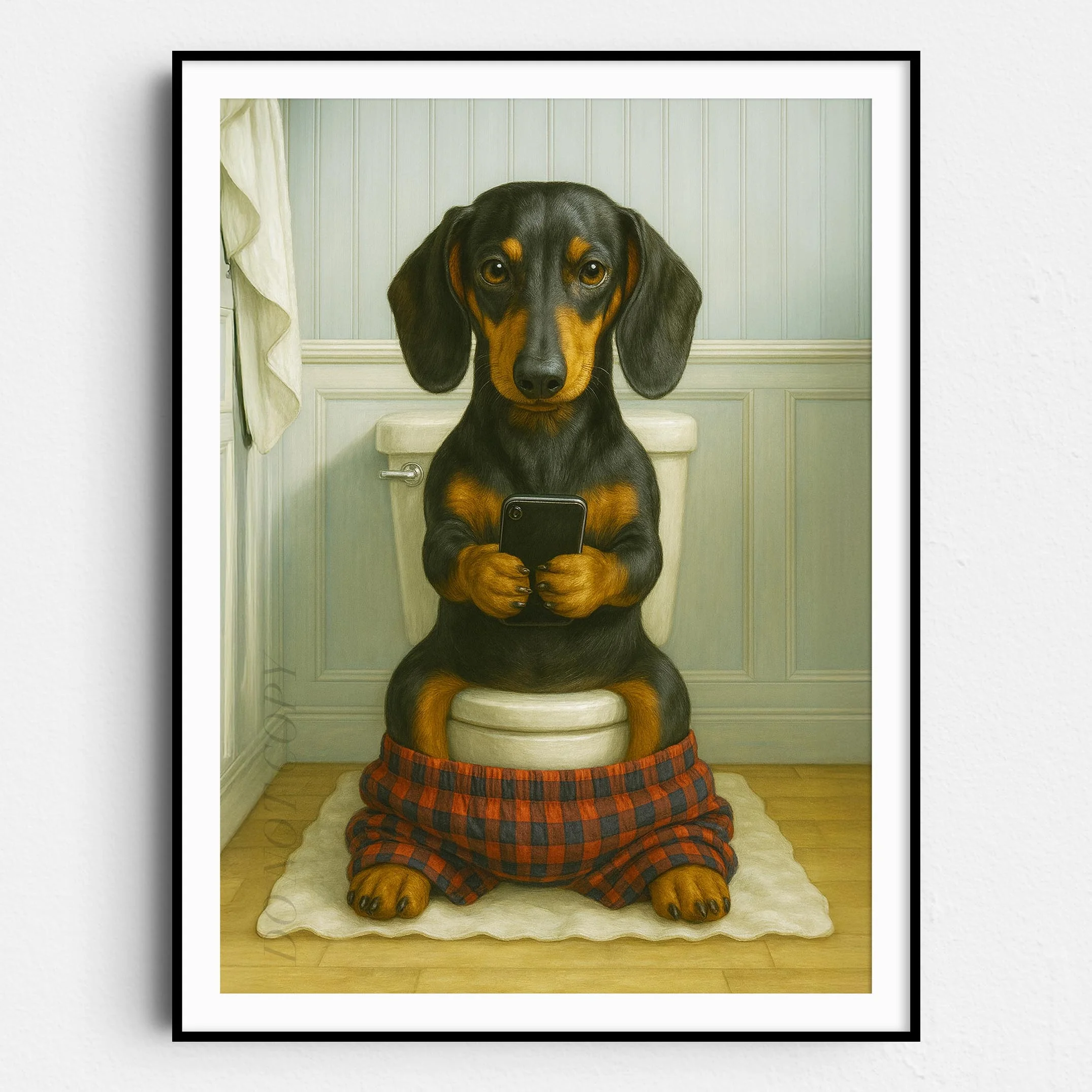 Dachshund Dog On The Phone On The Toilet