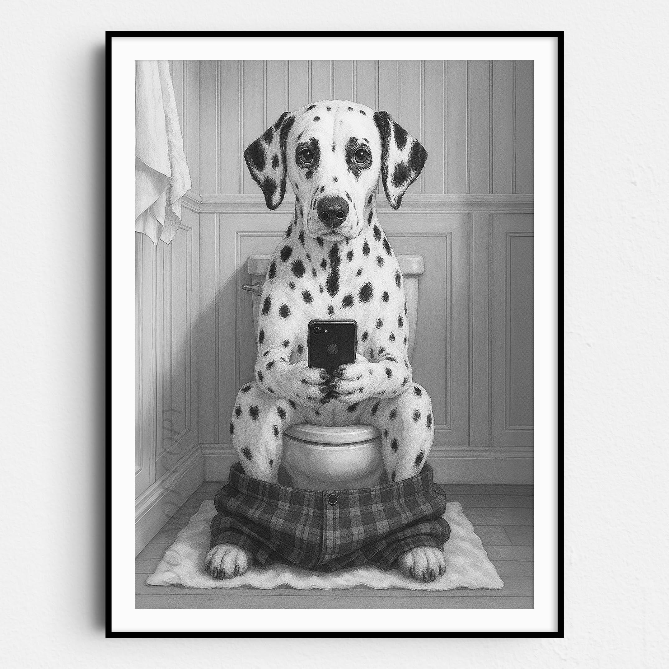 Dalmatian Dog On The Phone On The Toilet