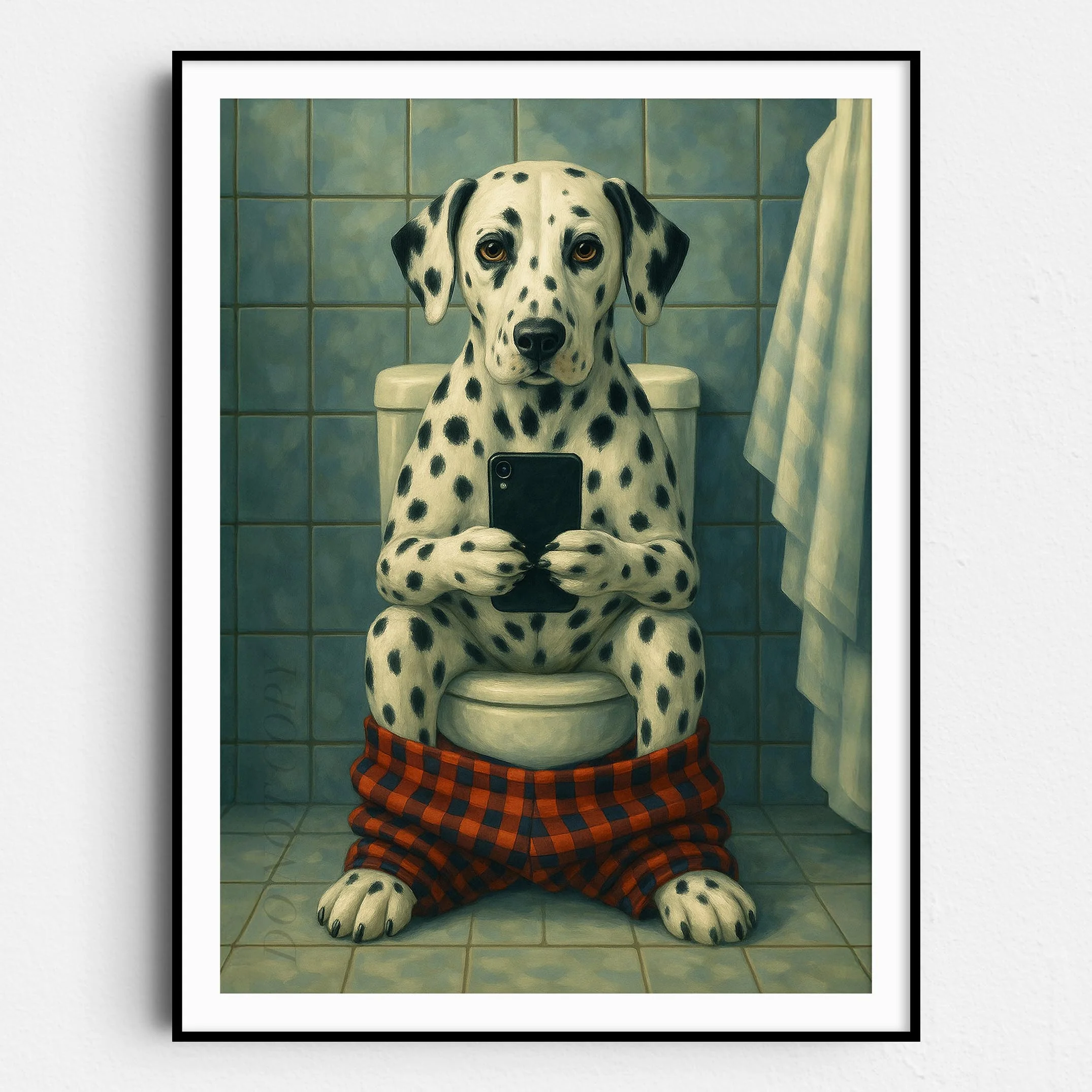 Dalmatian Dog On The Phone On The Toilet