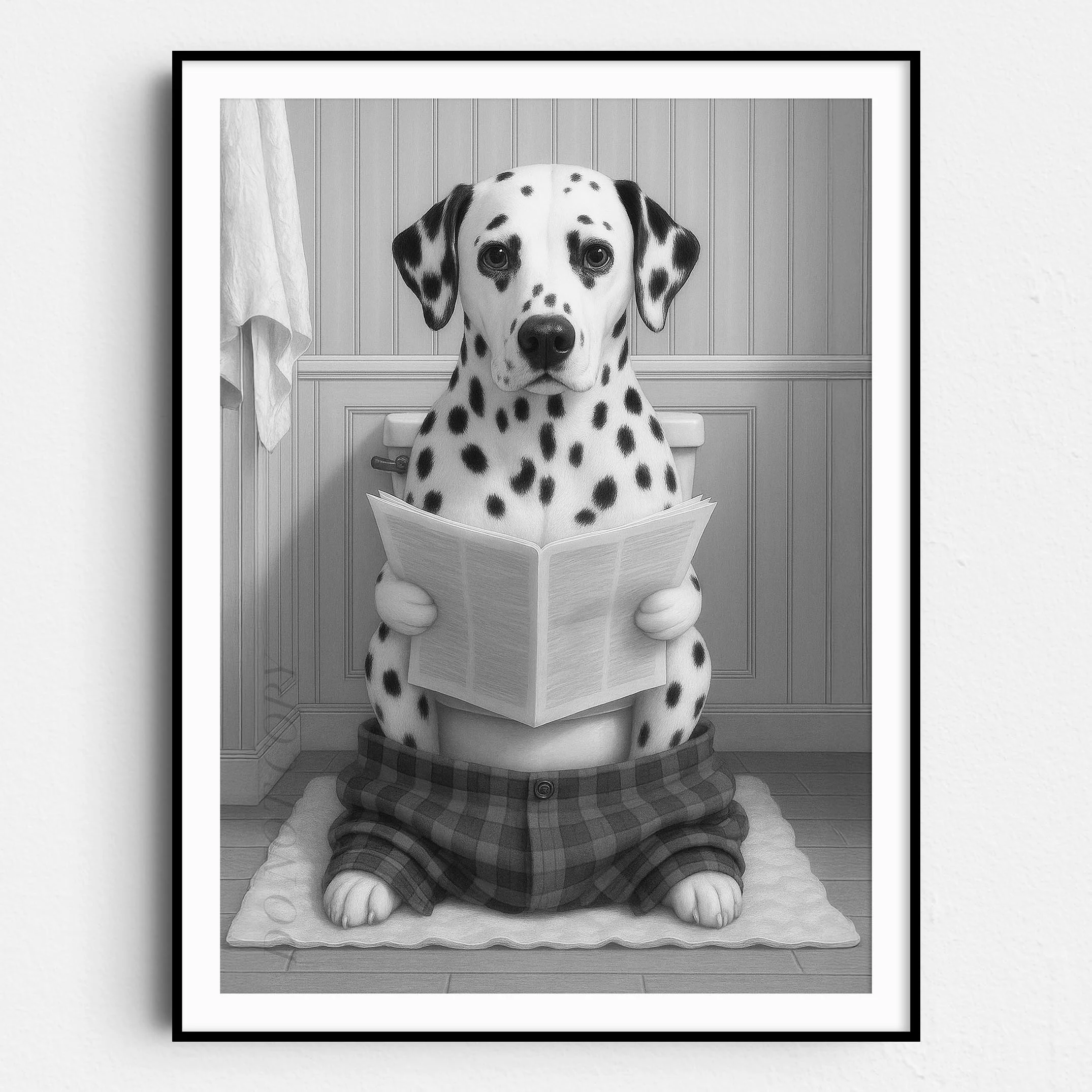 Dalmatian Dog Reading The Newspaper On The Toilet