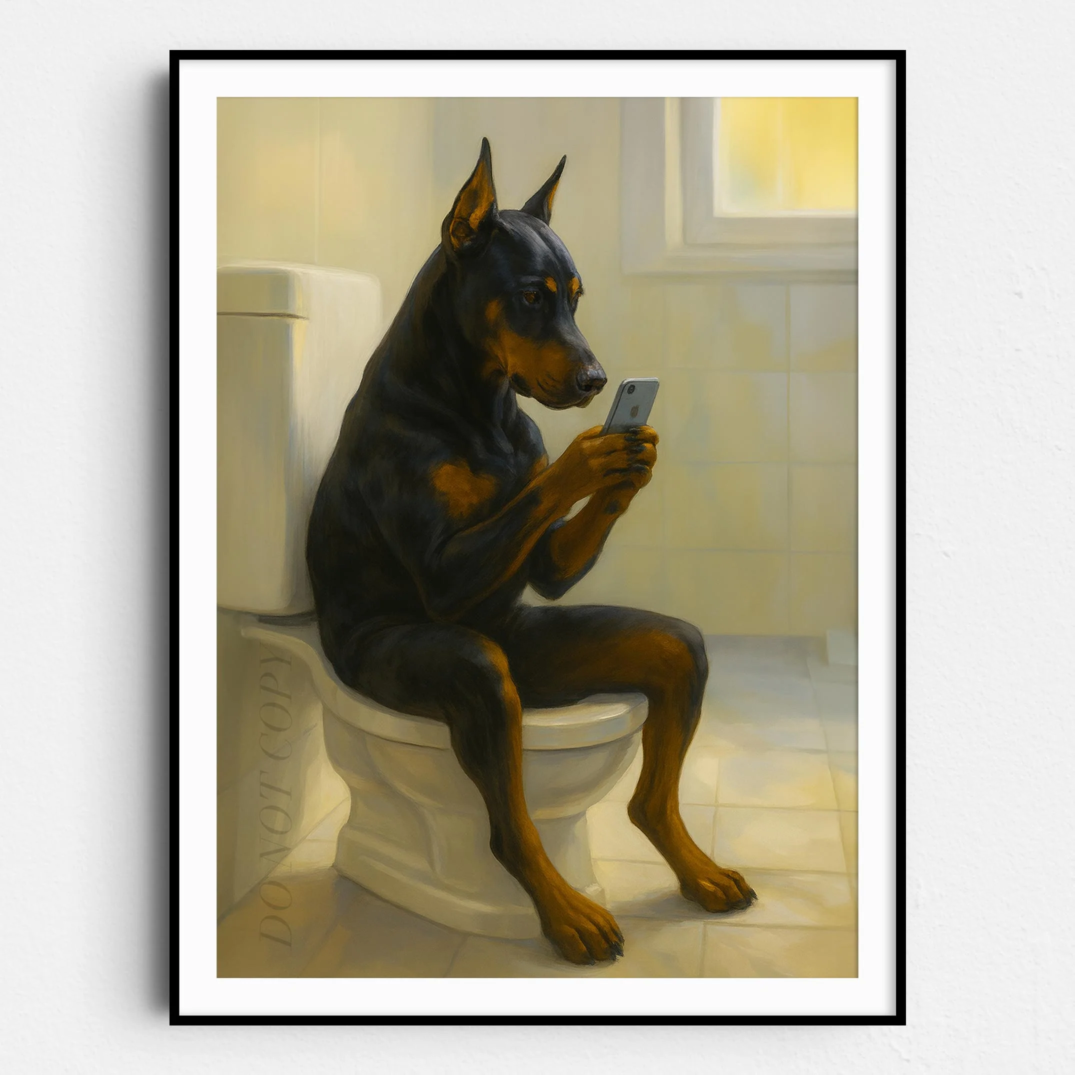 Doberman Pinscher Dog On The Phone On The Toilet
