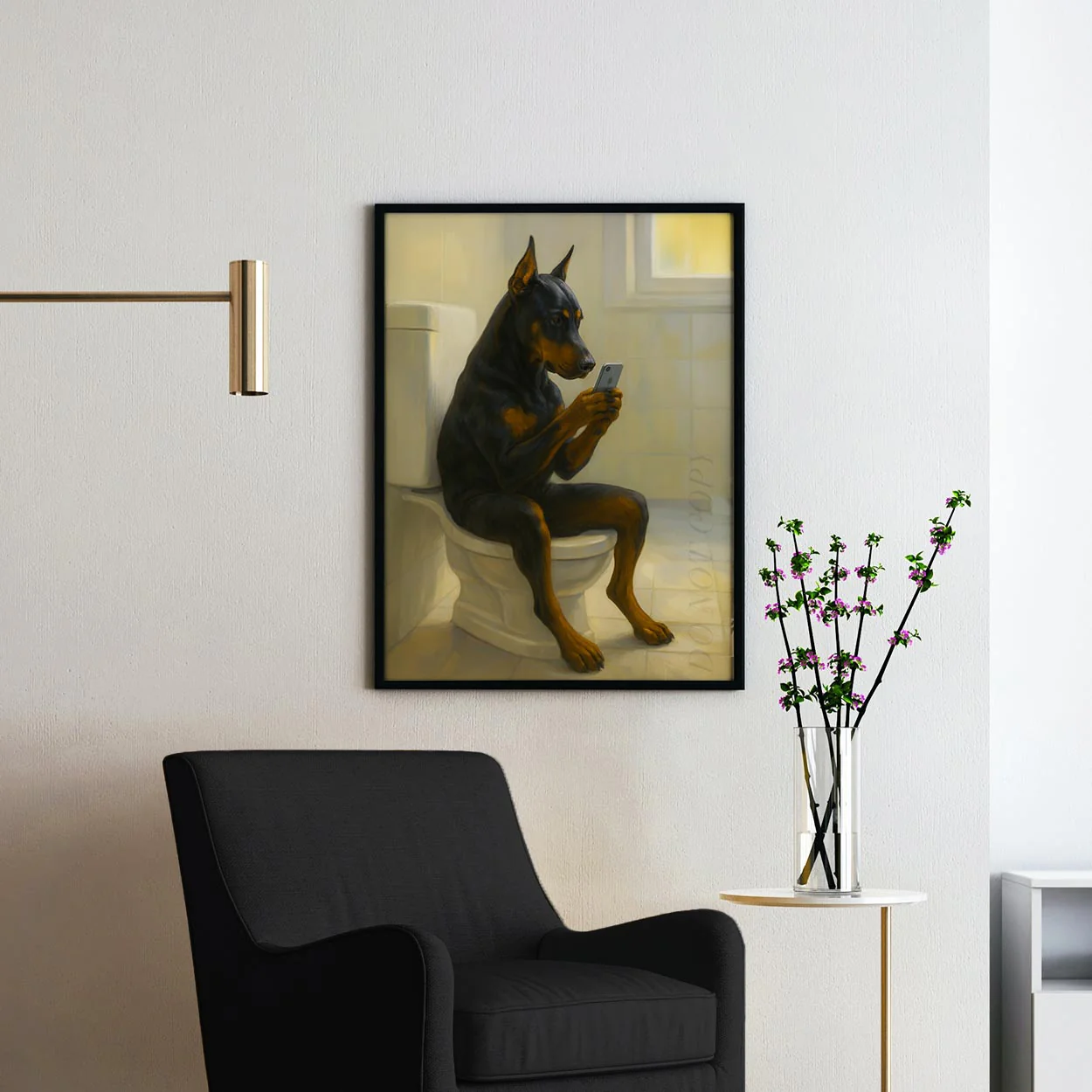 Doberman Pinscher Dog On The Phone On The Toilet - Image 2