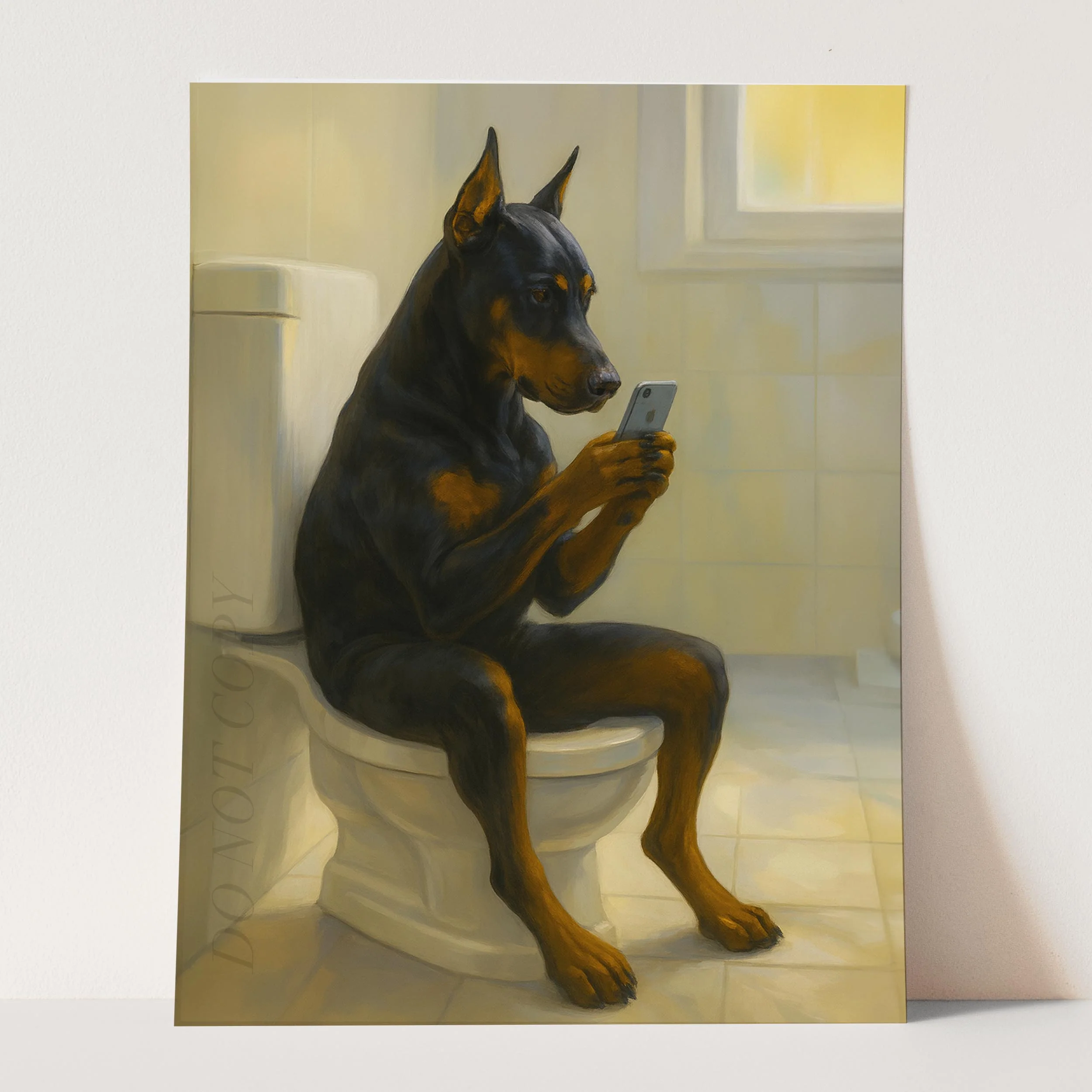 Doberman Pinscher Dog On The Phone On The Toilet - Image 3