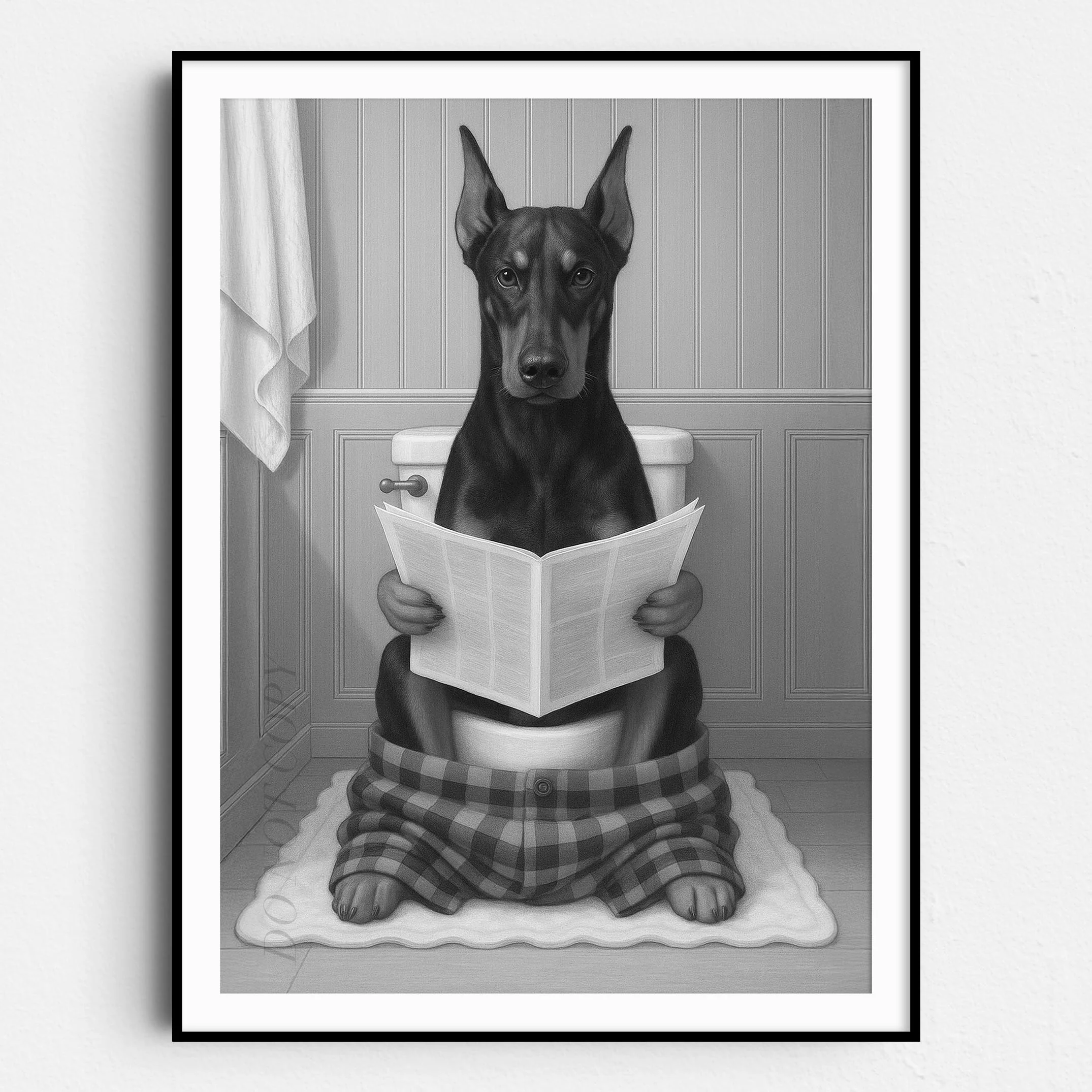 Dobermann Dog Reading The Newspaper On The Toilet