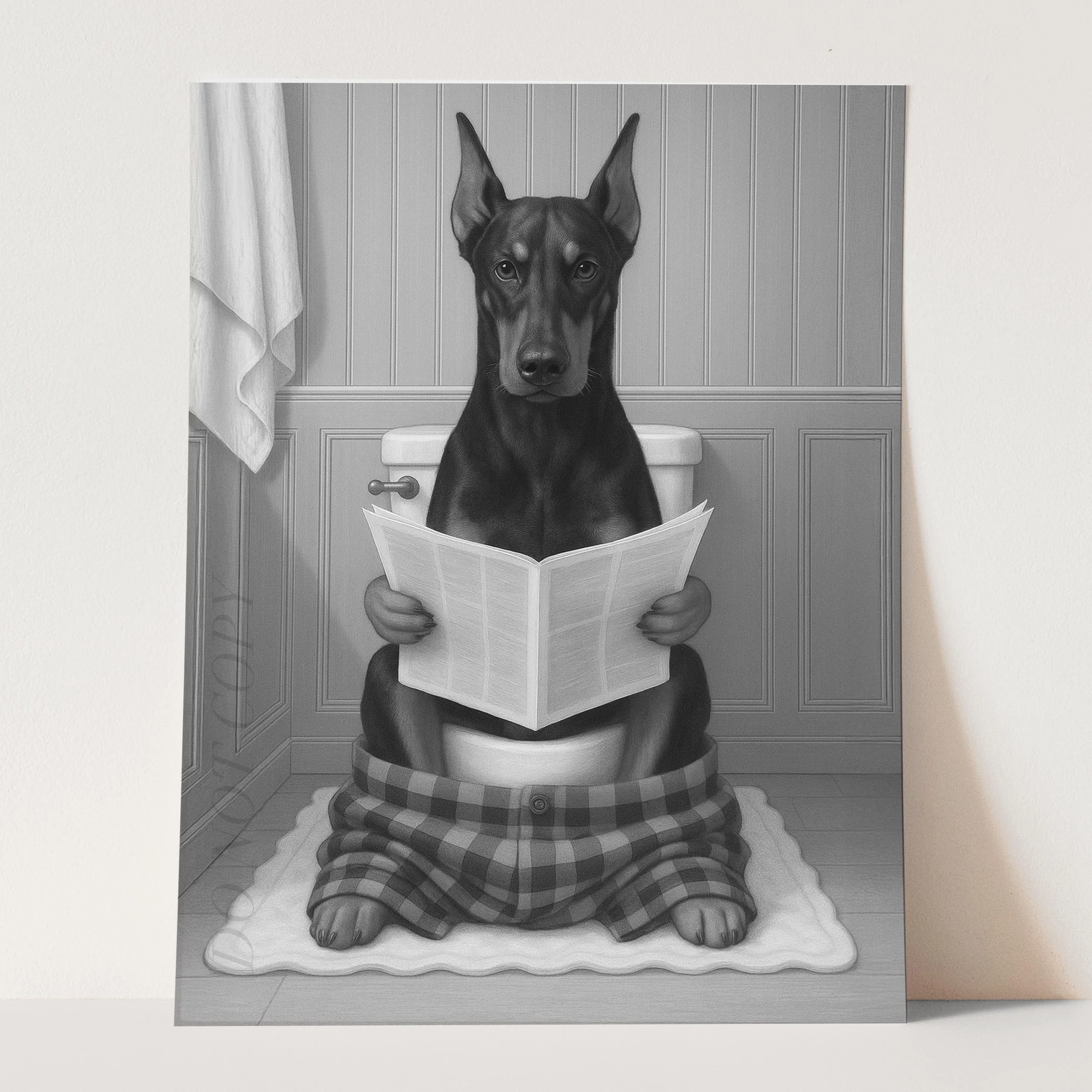 Dobermann Dog Reading The Newspaper On The Toilet - Image 3