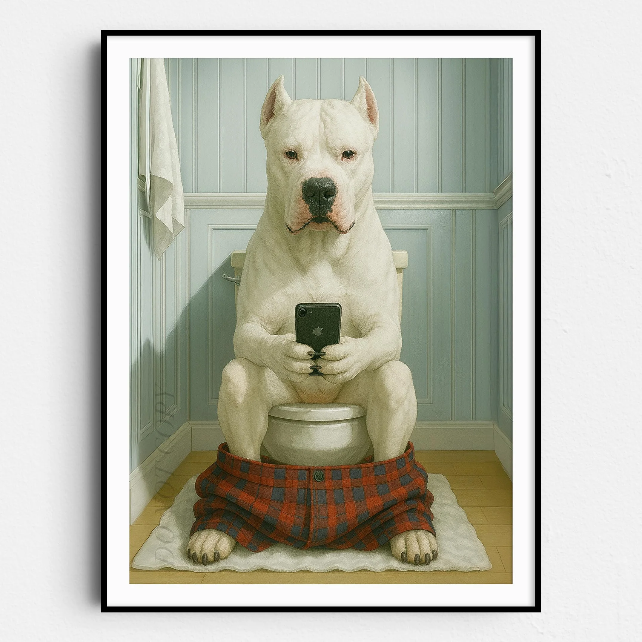 Dogo Argentino Dog On The Phone On The Toilet
