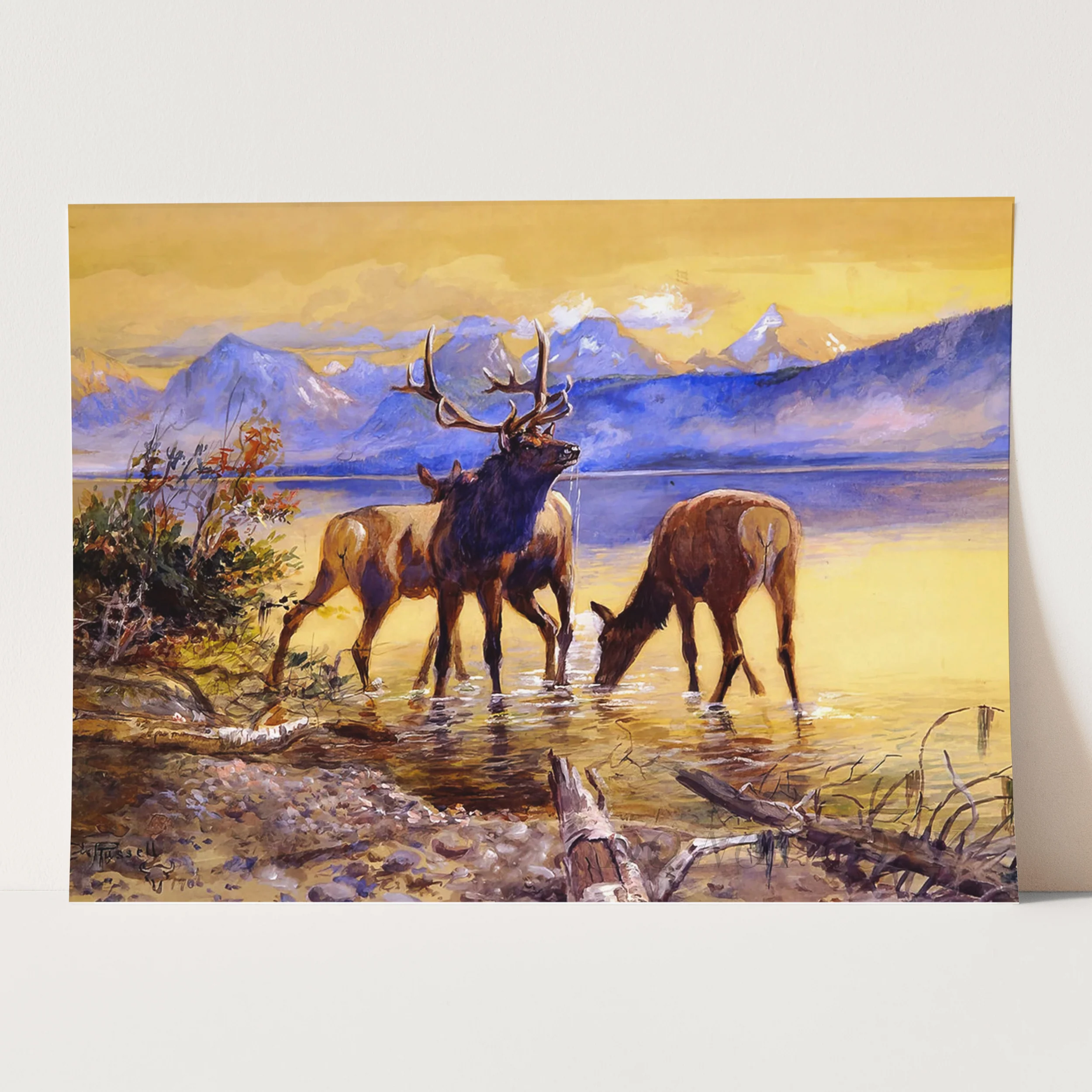 Elk in Lake McDonald by Charles Marion Russell - Image 3