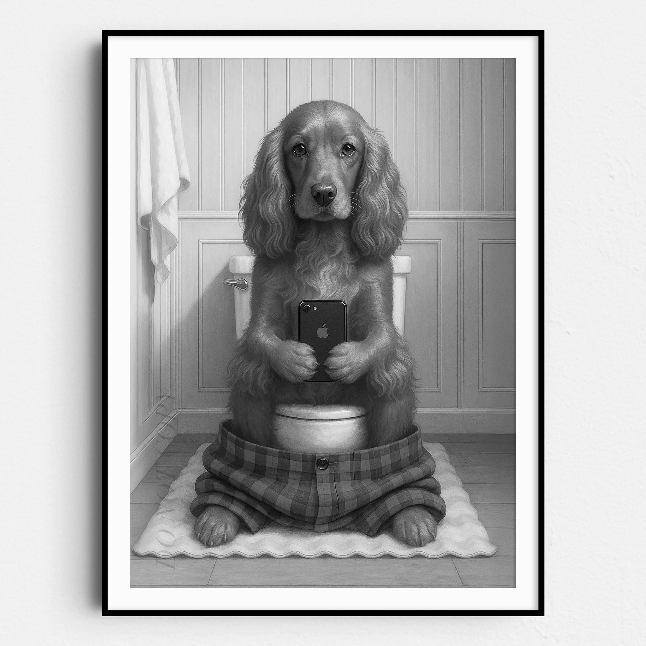 English Cocker Spaniel Dog On The Phone On The Toilet