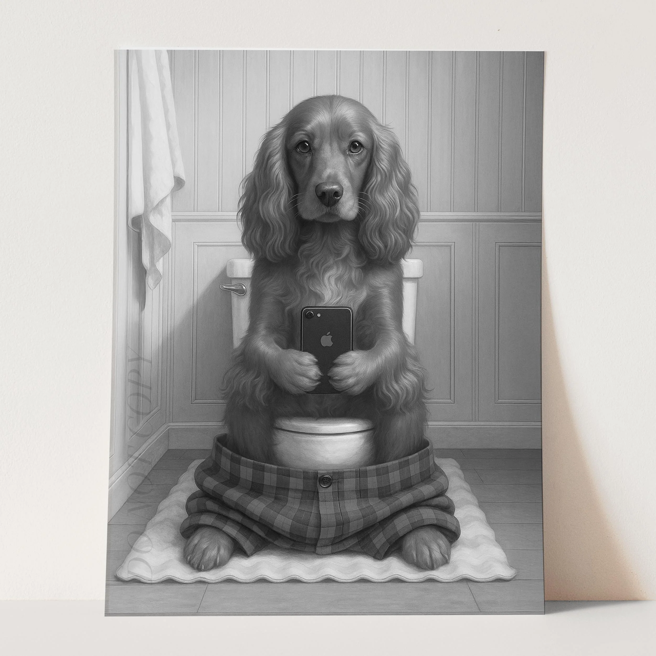 English Cocker Spaniel Dog On The Phone On The Toilet - Image 3