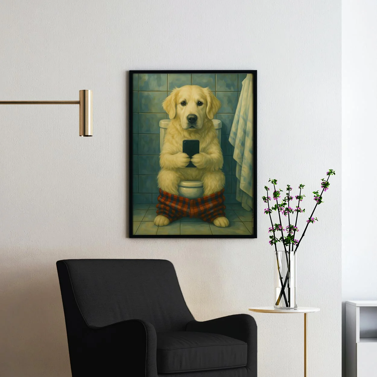 English Cream Golden Retriever On The Phone On The Toilet - Image 2
