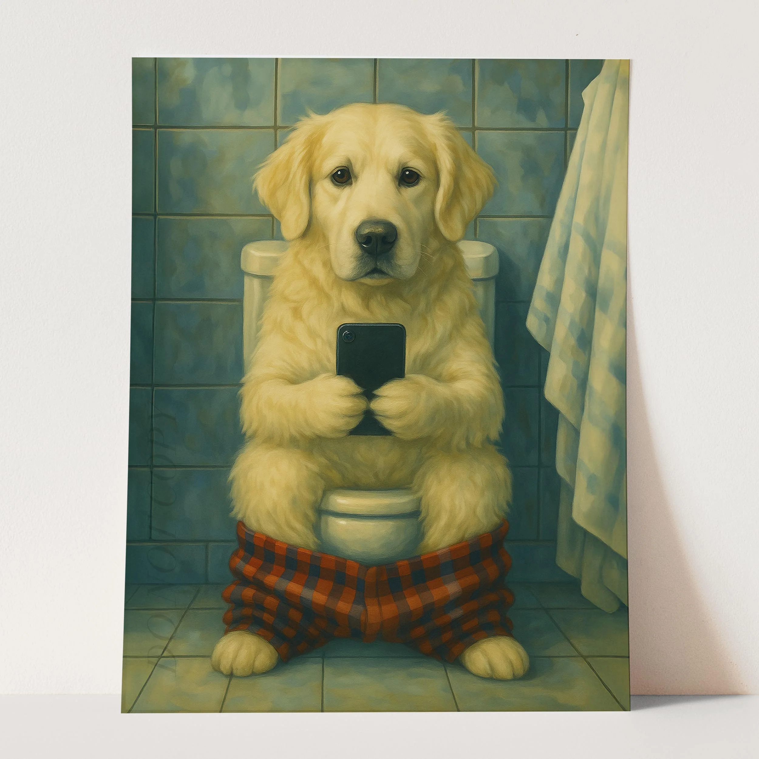 English Cream Golden Retriever On The Phone On The Toilet - Image 3