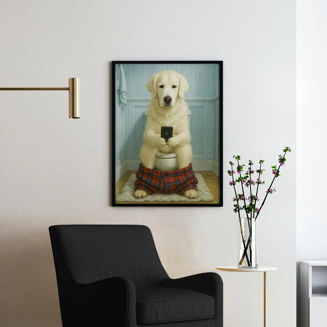English Cream Golden Retriever On The Phone On The Toilet - Image 2