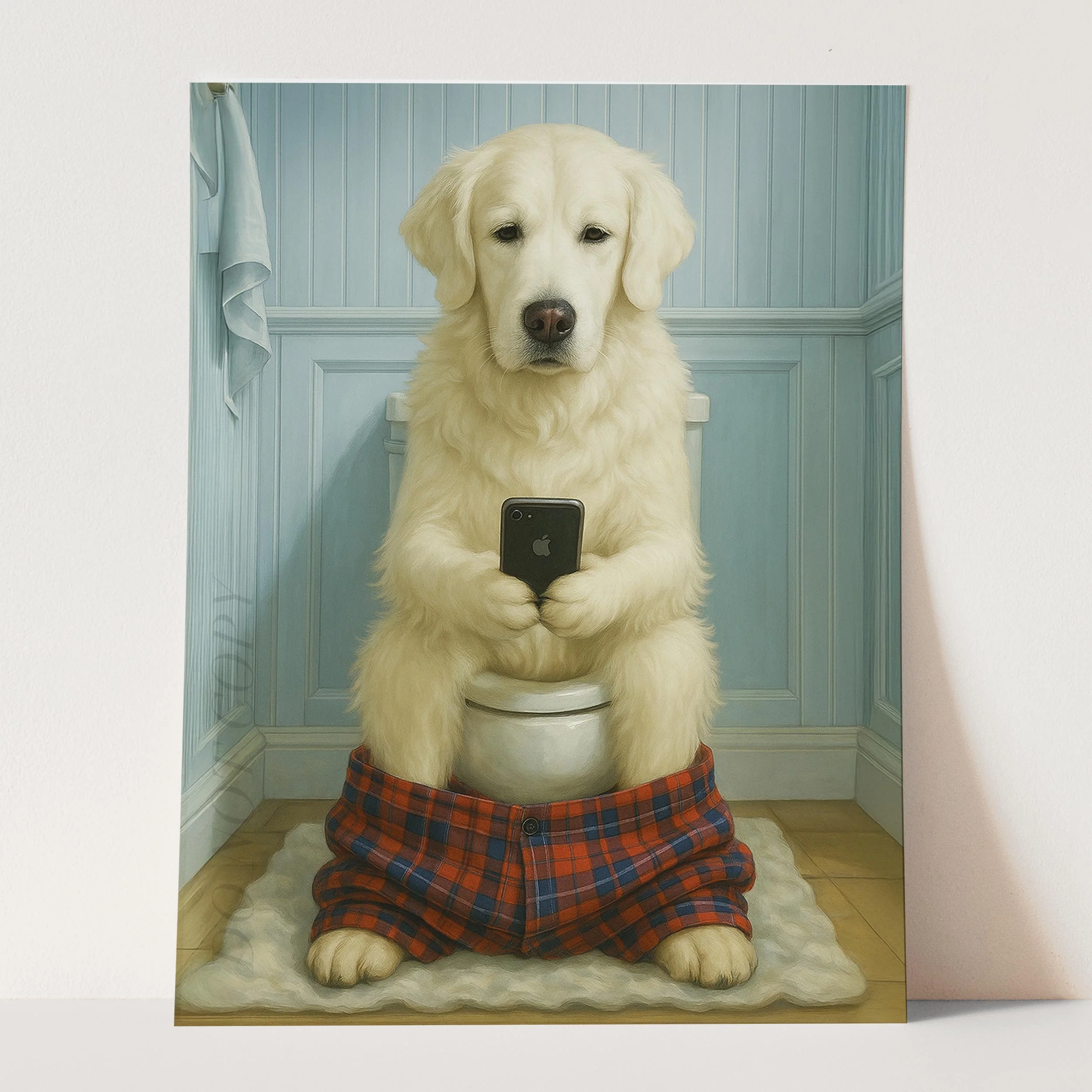 English Cream Golden Retriever On The Phone On The Toilet - Image 3