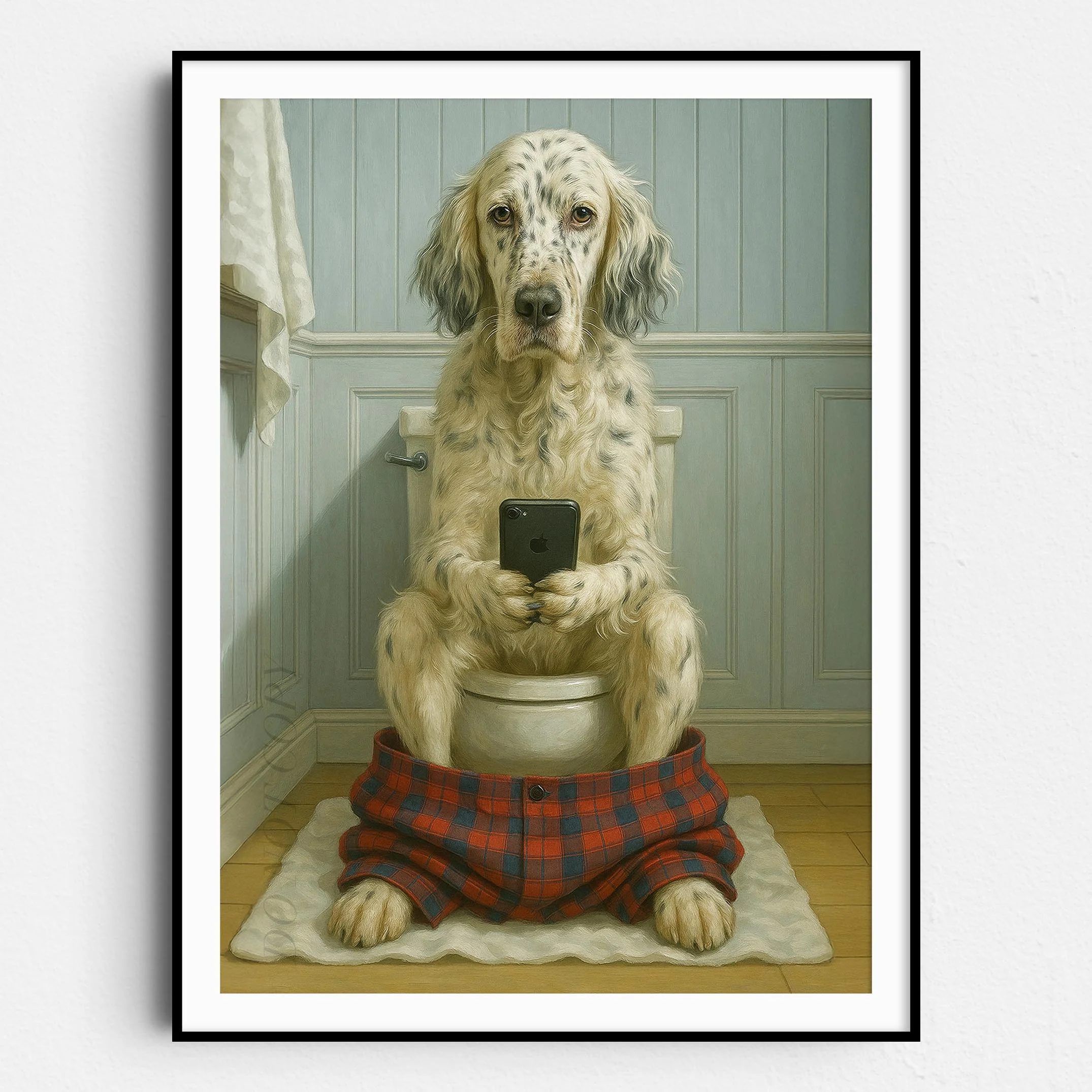 English Setter Dog On The Phone On The Toilet