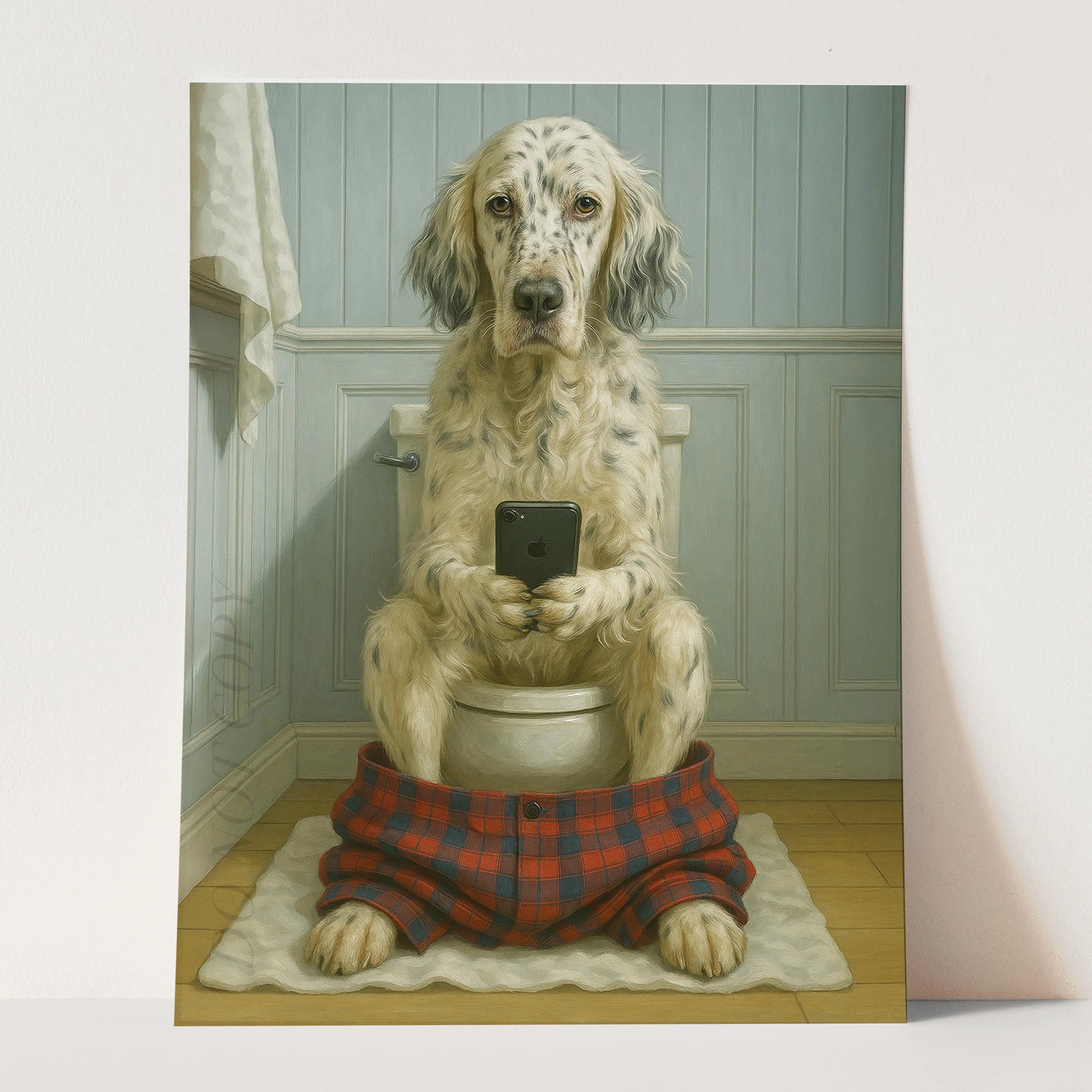 English Setter Dog On The Phone On The Toilet - Image 3
