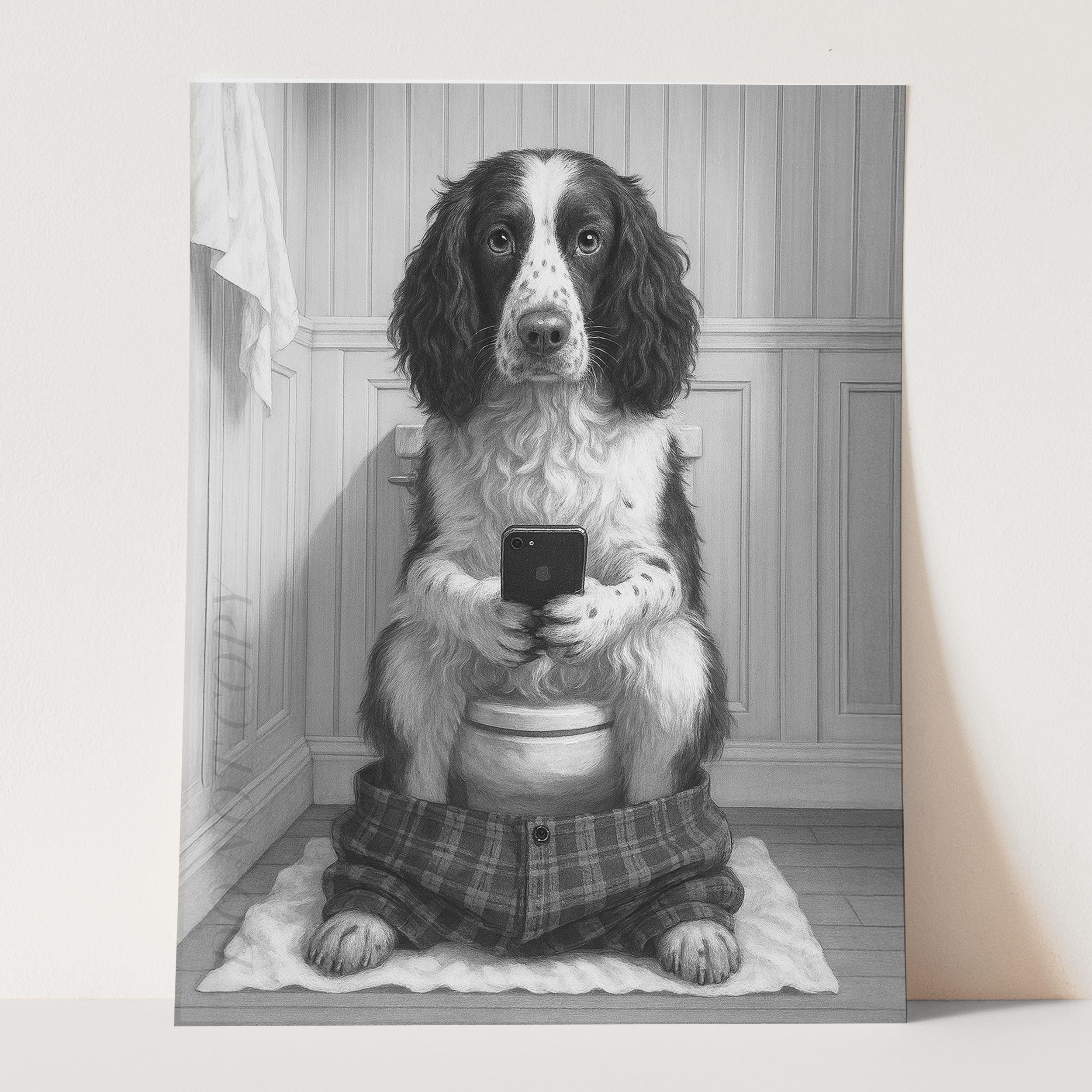 English Springer Spaniel Dog On The Phone On The Toilet - Image 3