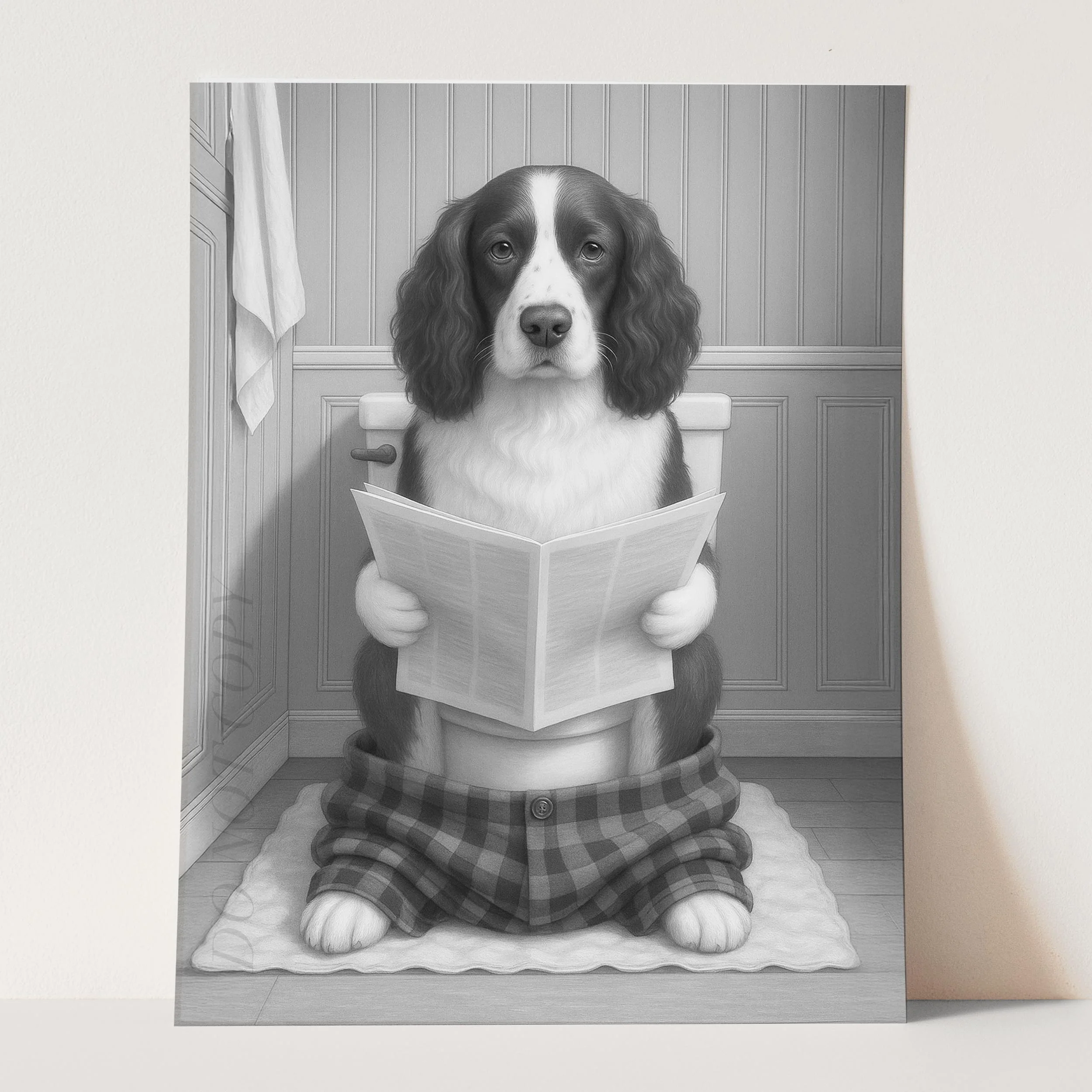 English Springer Spaniel Dog Reading The Newspaper On The Toilet - Image 3