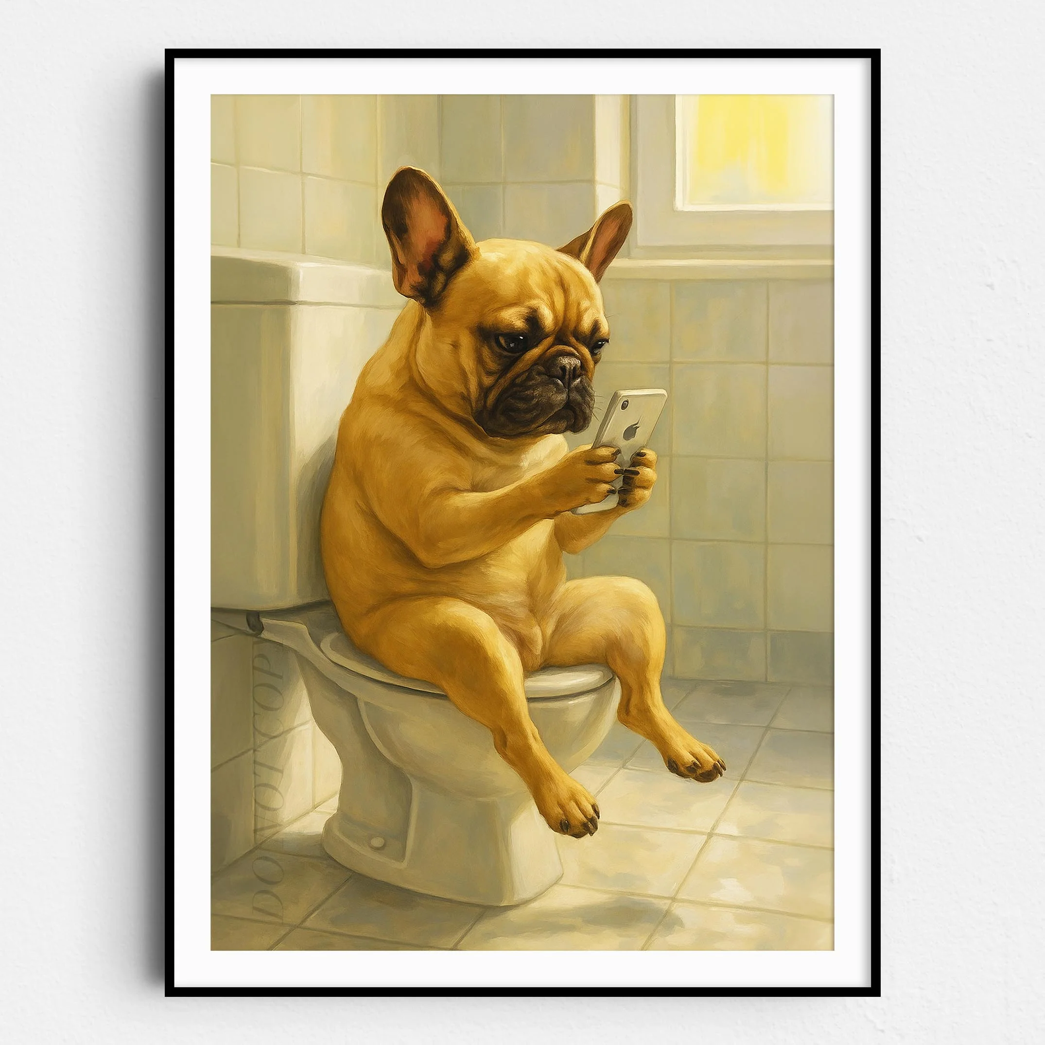 French Bulldog On The Phone On The Toilet