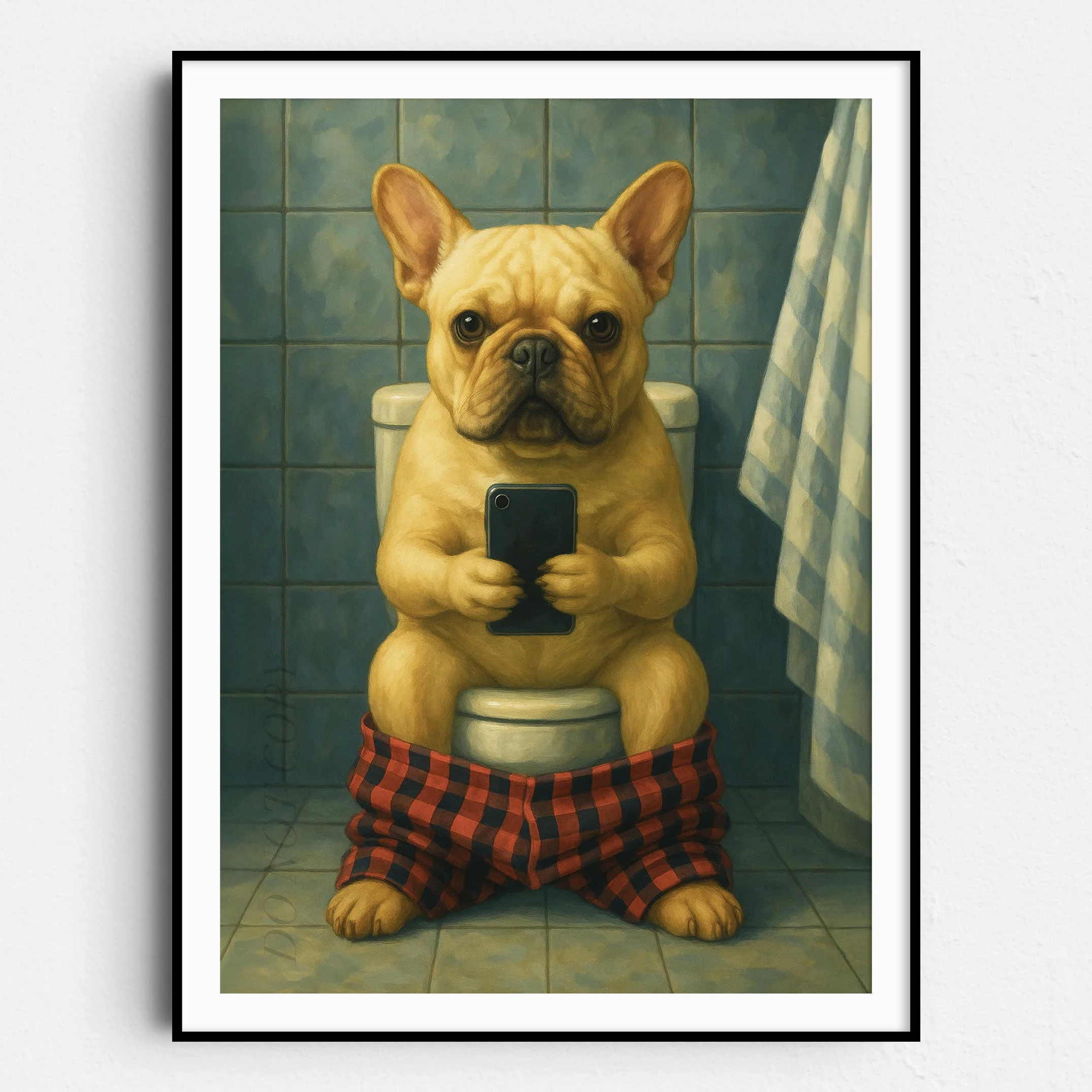 French Bulldog On The Phone On The Toilet II